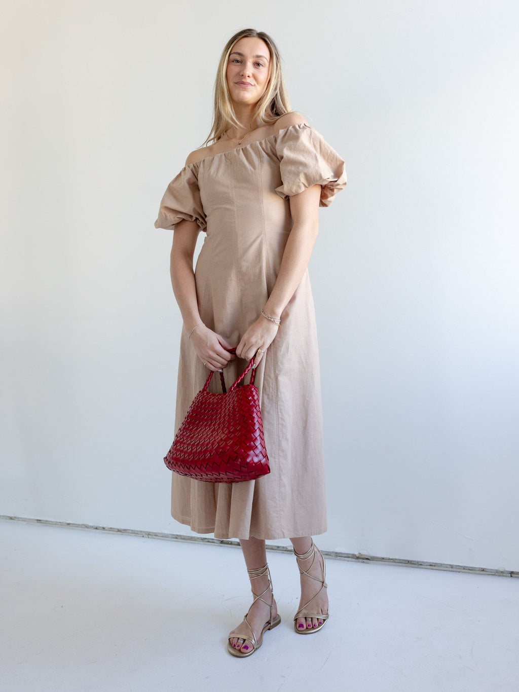 Puff Sleeve Off-Shoulder Midi Dress with Pockets