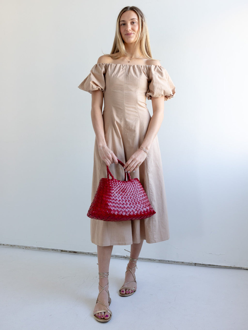 Puff Sleeve Off-Shoulder Midi Dress with Pockets