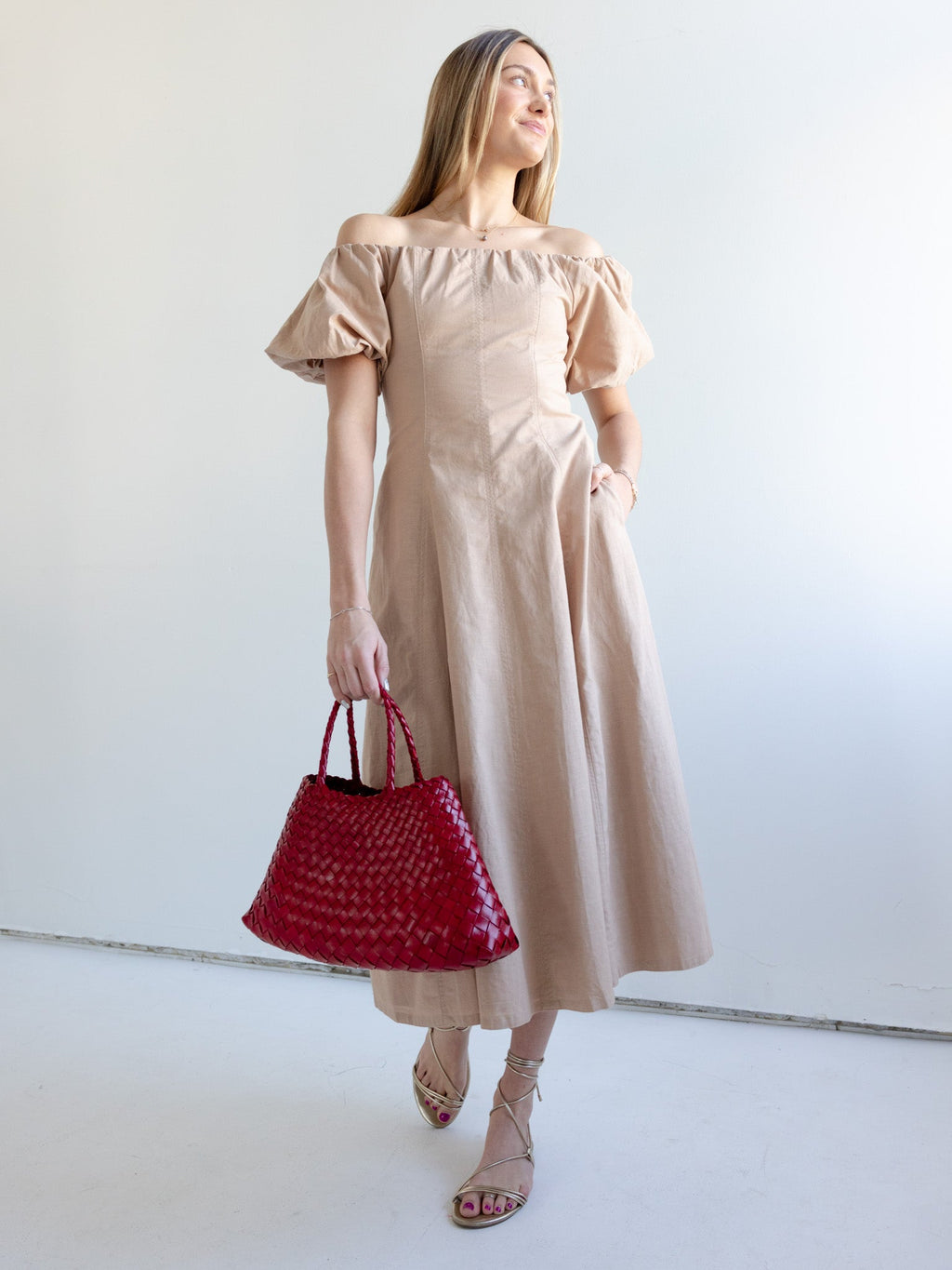 Puff Sleeve Off-Shoulder Midi Dress with Pockets