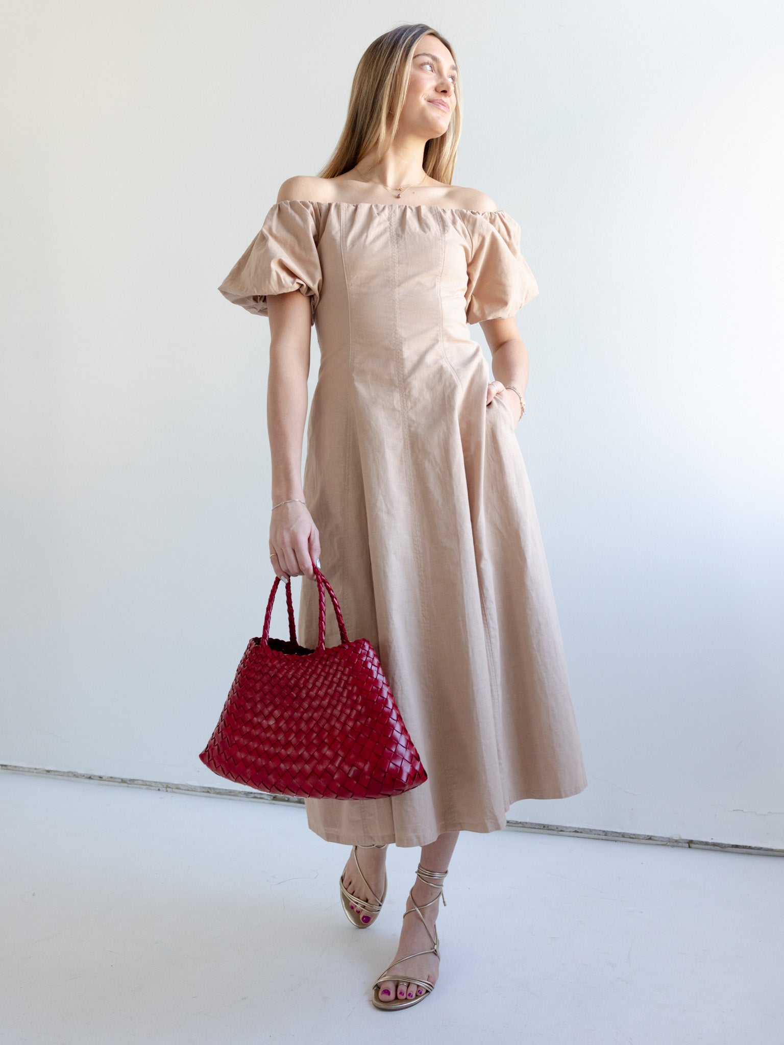 Puff Sleeve Off-Shoulder Midi Dress with Pockets
