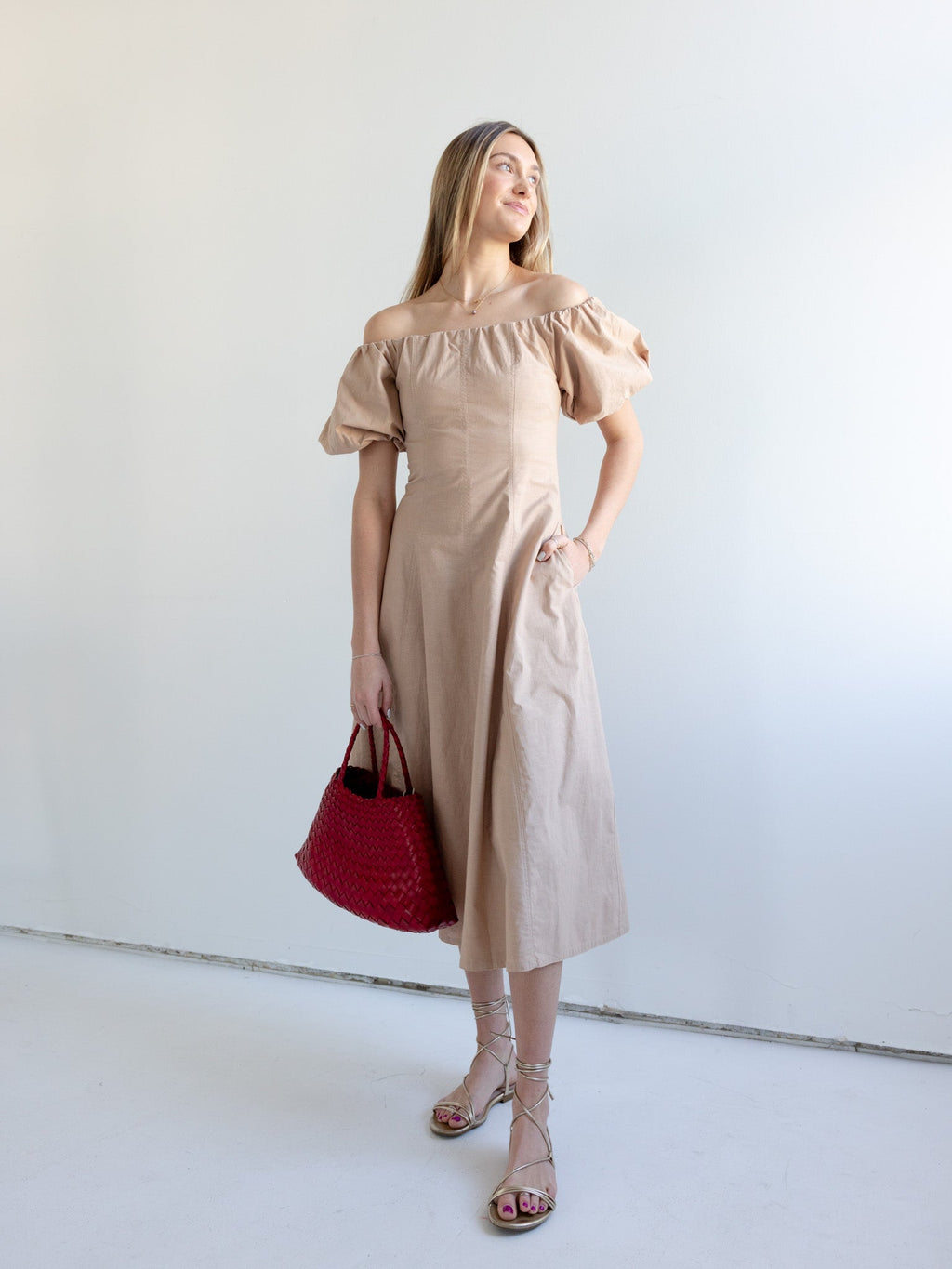 Puff Sleeve Off-Shoulder Midi Dress with Pockets