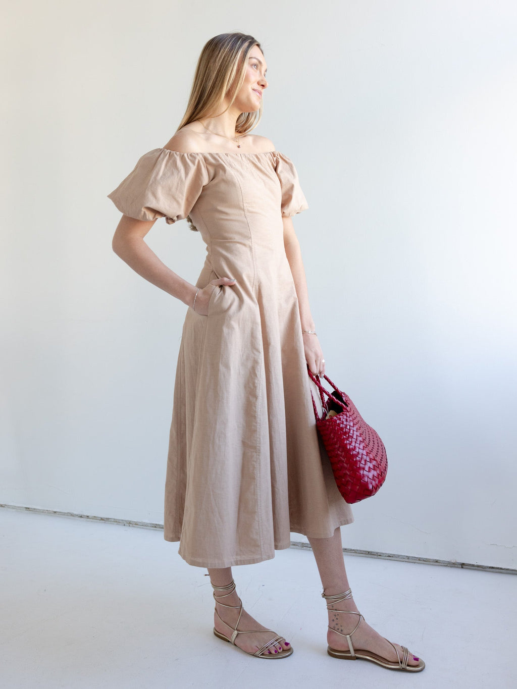 Puff Sleeve Off-Shoulder Midi Dress with Pockets