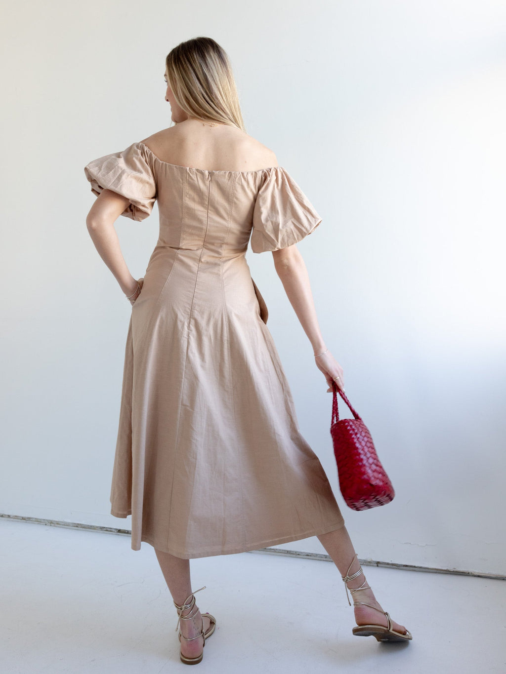 Puff Sleeve Off-Shoulder Midi Dress with Pockets