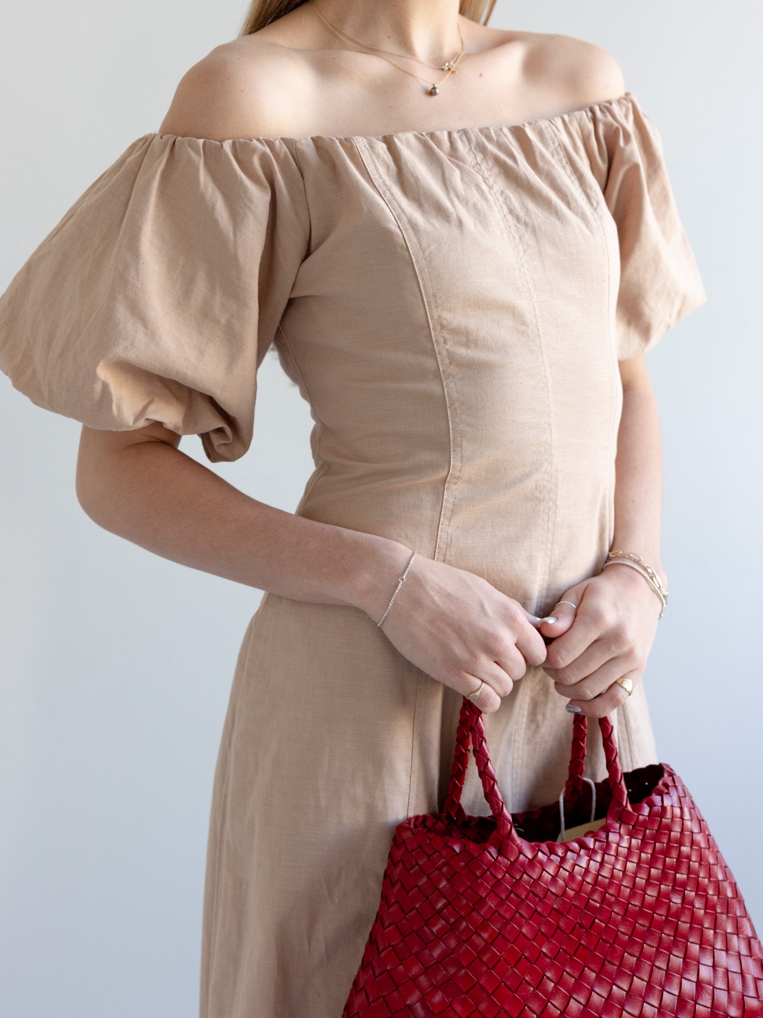 Puff Sleeve Off-Shoulder Midi Dress with Pockets
