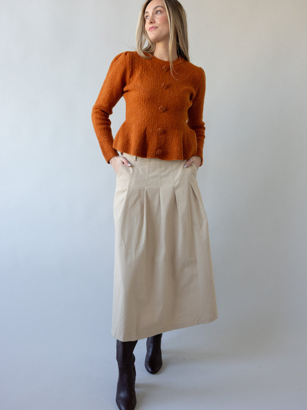 Khaki Drop Waist Pleated Midi Skirt with Pockets