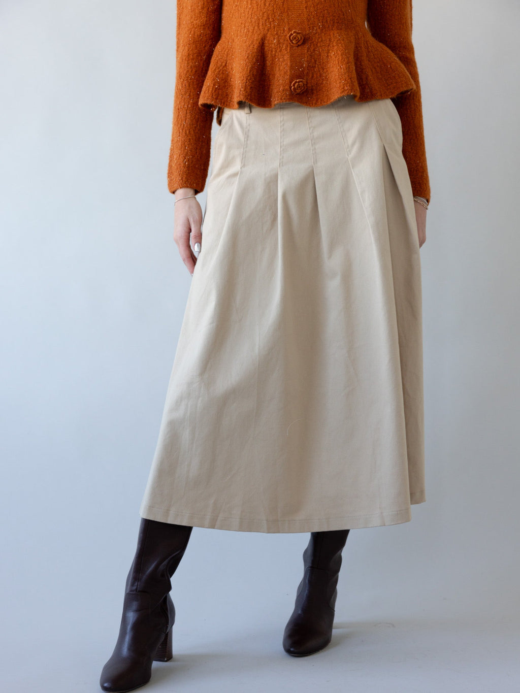 Khaki Drop Waist Pleated Midi Skirt with Pockets