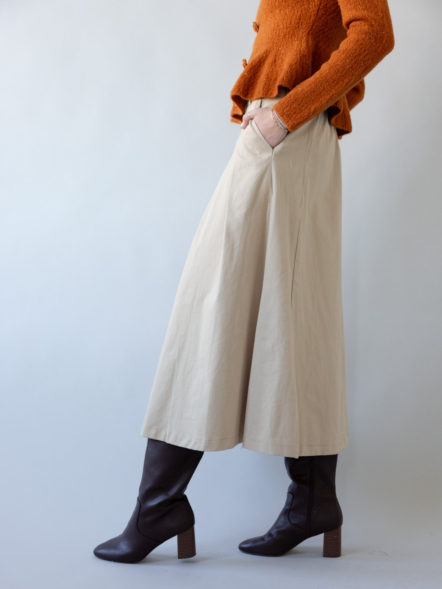 Khaki Drop Waist Pleated Midi Skirt with Pockets