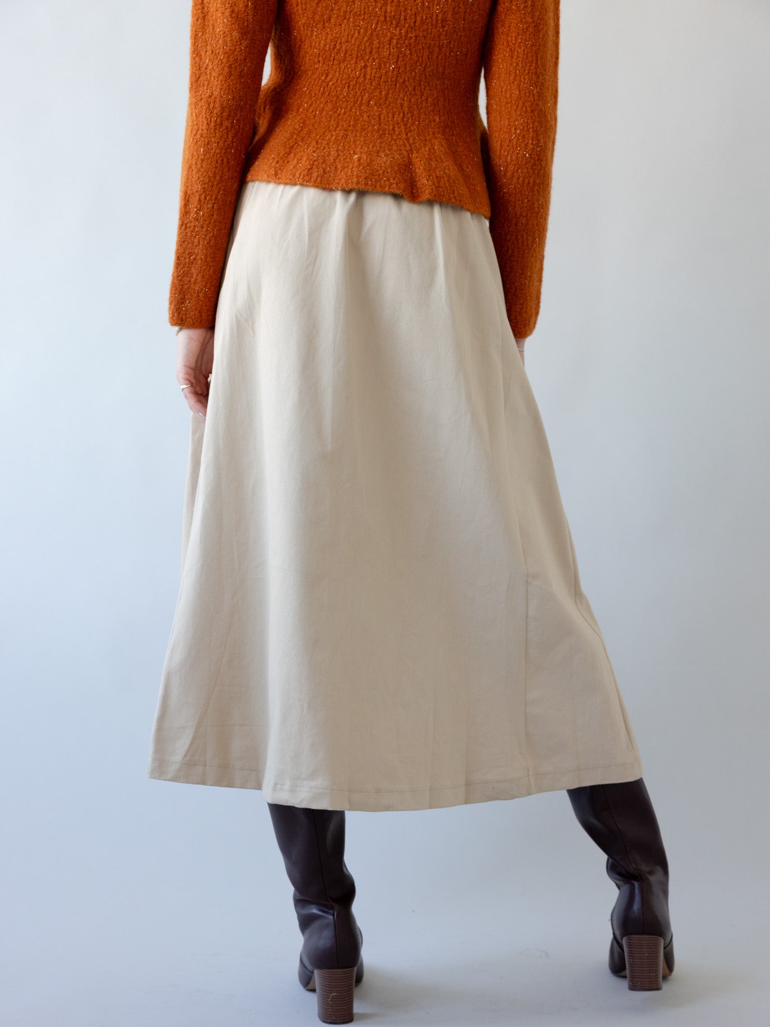 Khaki Drop Waist Pleated Midi Skirt with Pockets