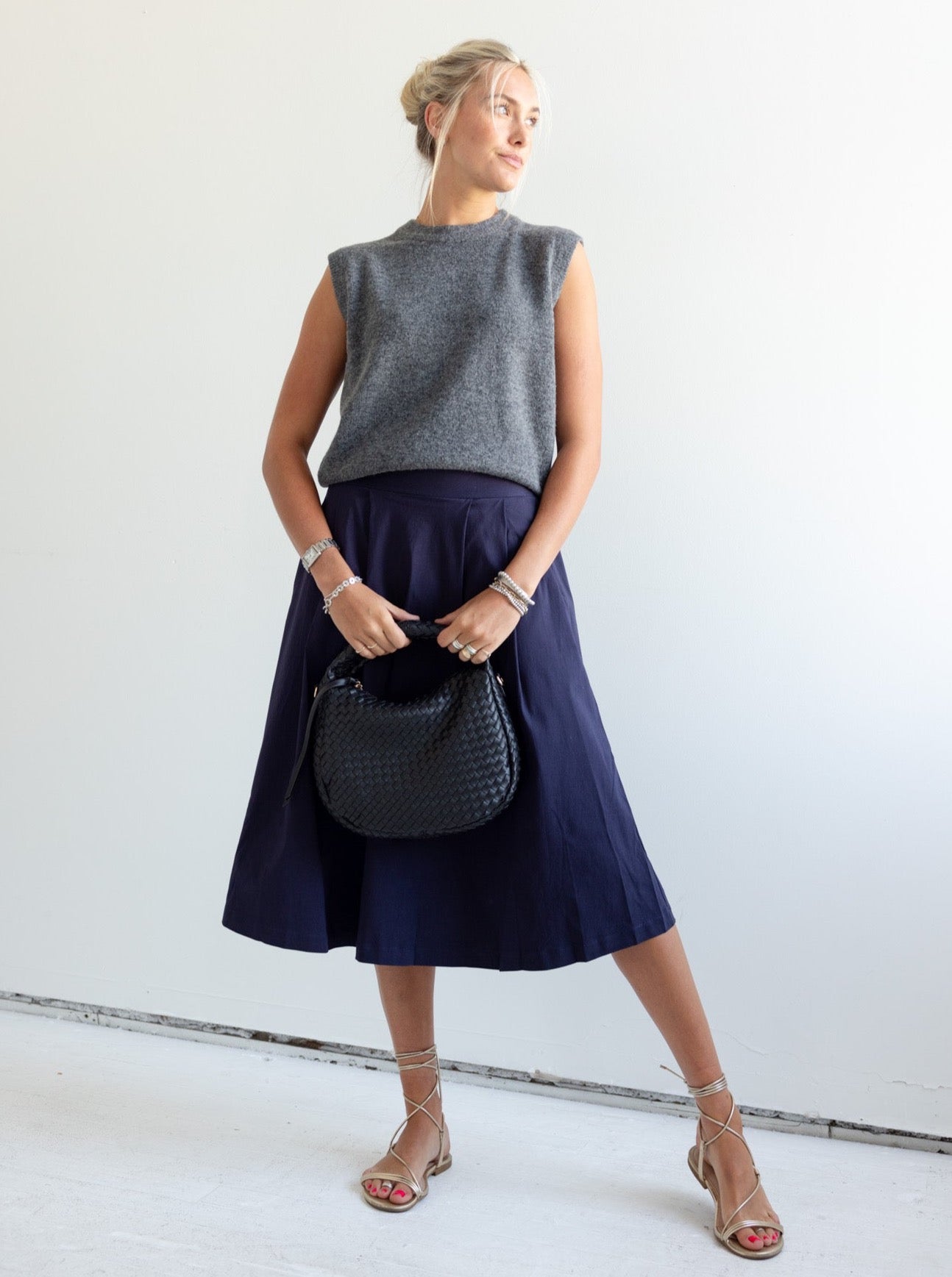 Navy Pleated Midi Skirt with Pockets