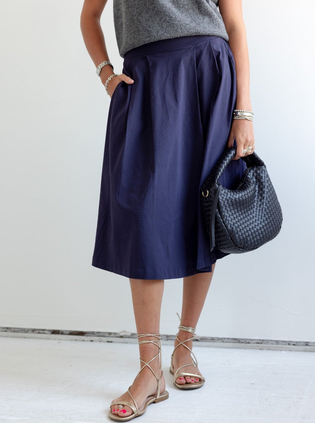 Navy Pleated Midi Skirt with Pockets