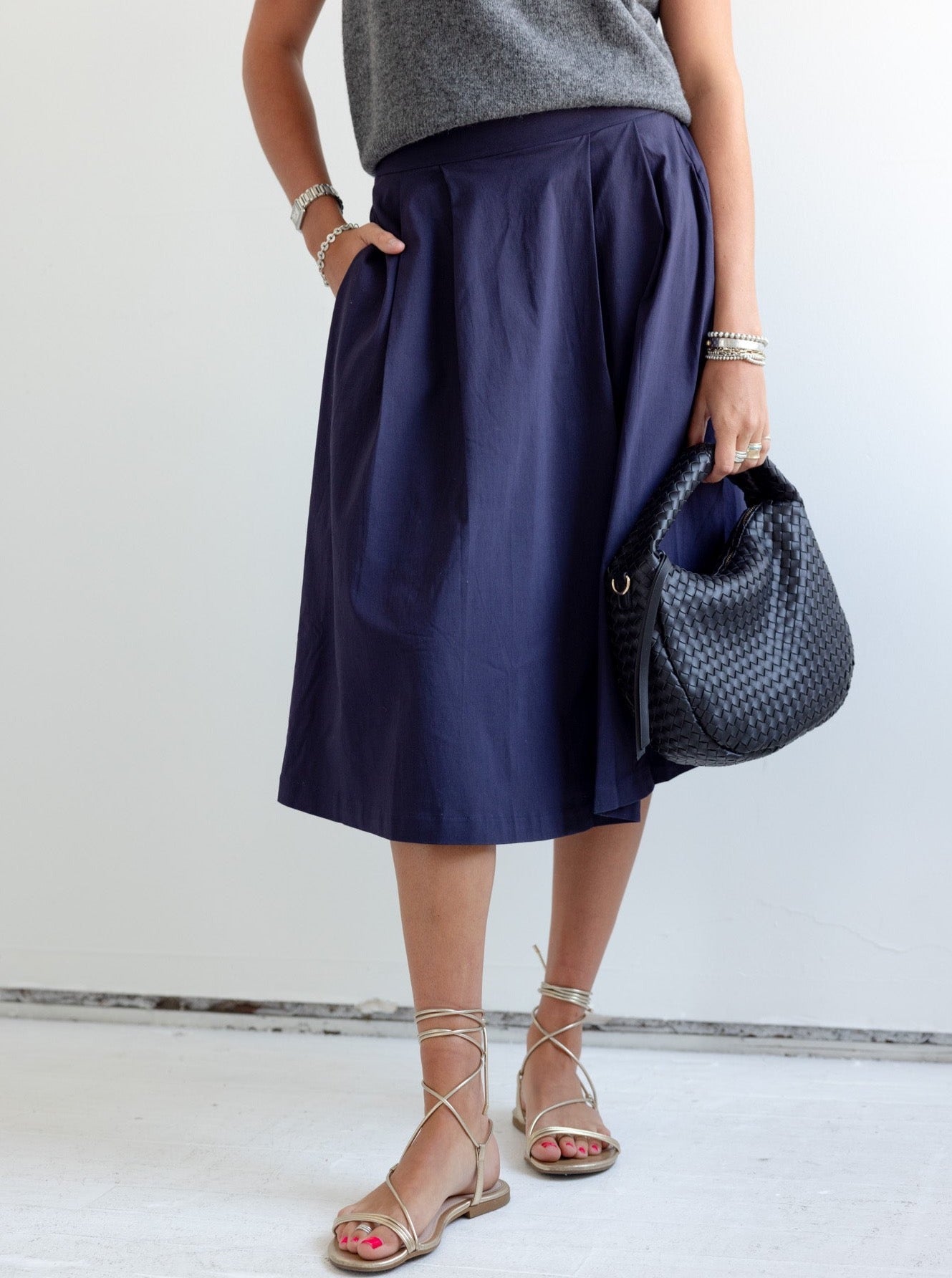 Navy Pleated Midi Skirt with Pockets