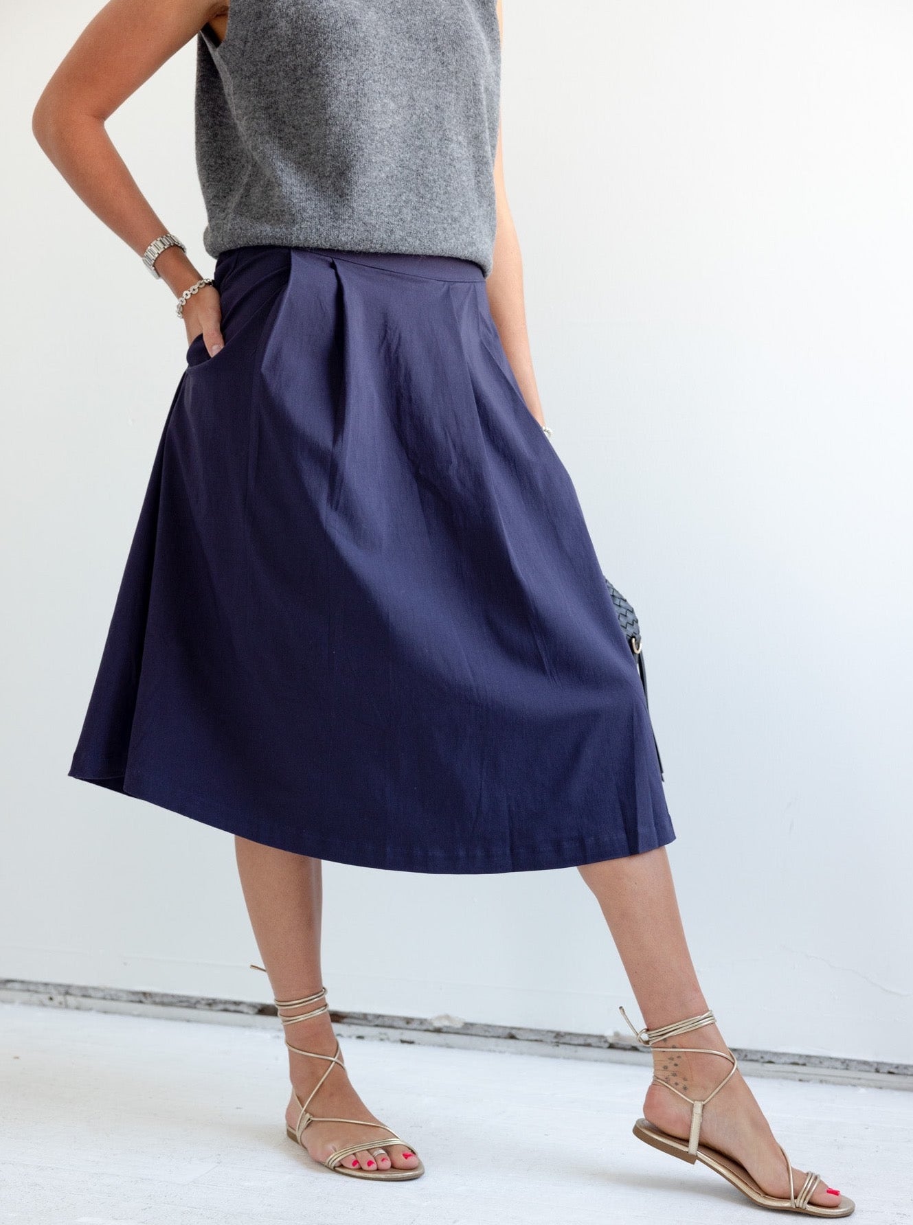 Navy Pleated Midi Skirt with Pockets