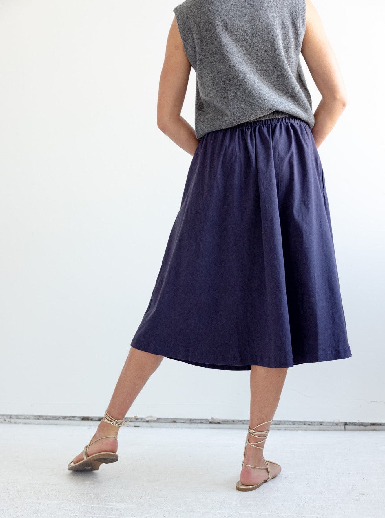 Navy Pleated Midi Skirt with Pockets