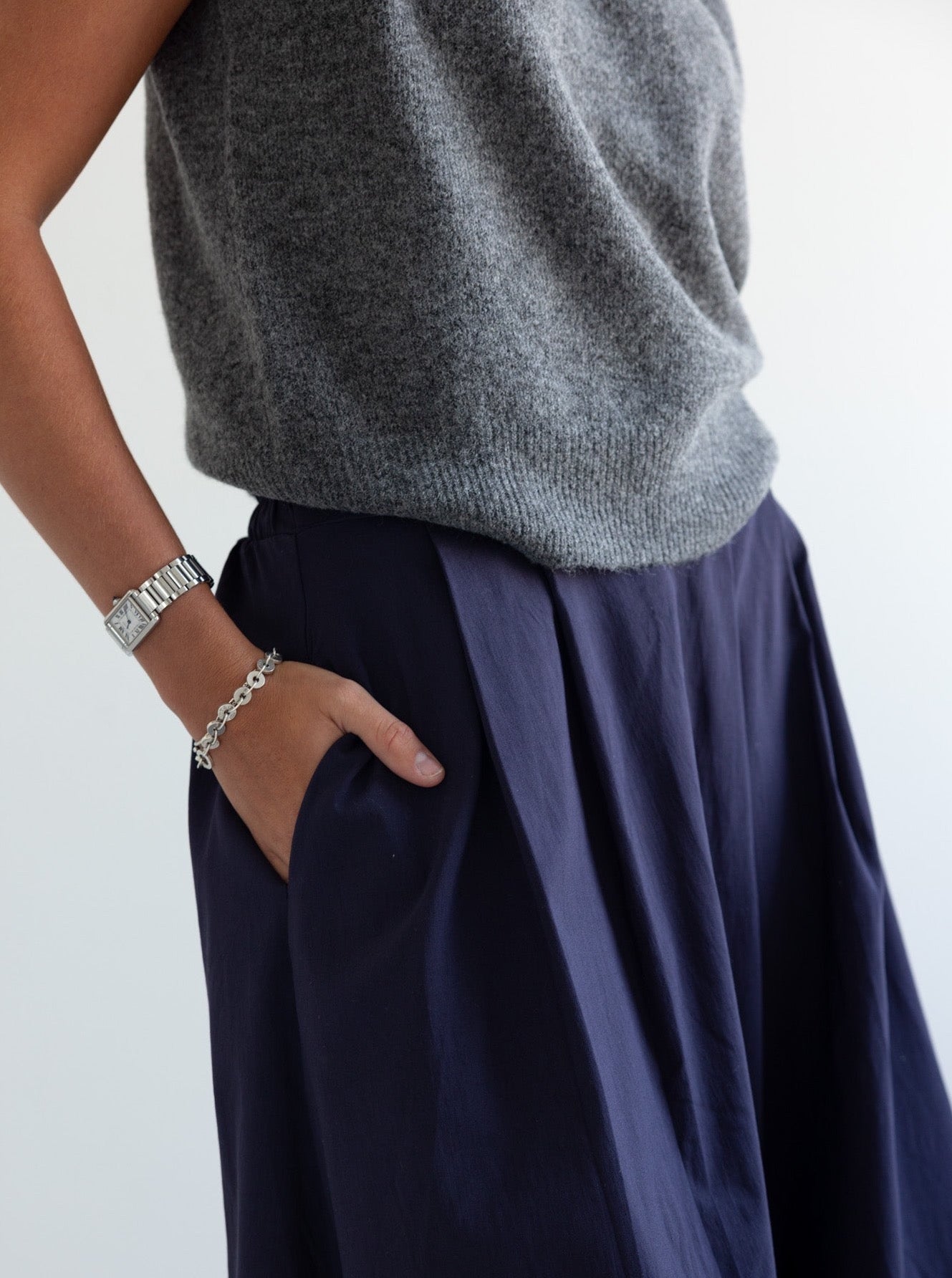 Navy Pleated Midi Skirt with Pockets
