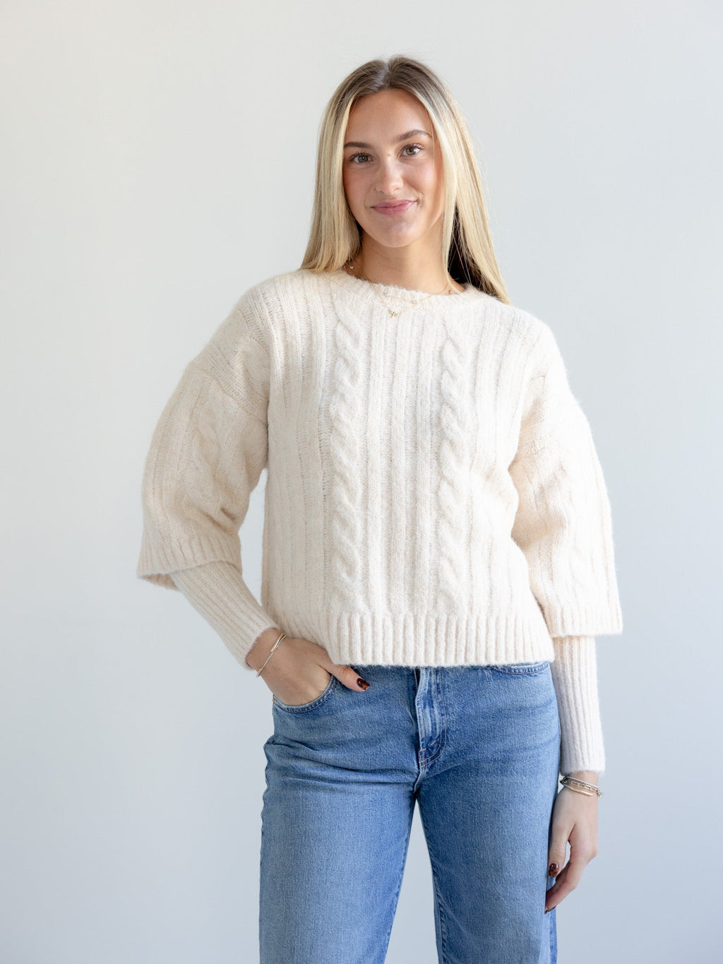 Layered Look Cable Knit Short Sleeve Sweater