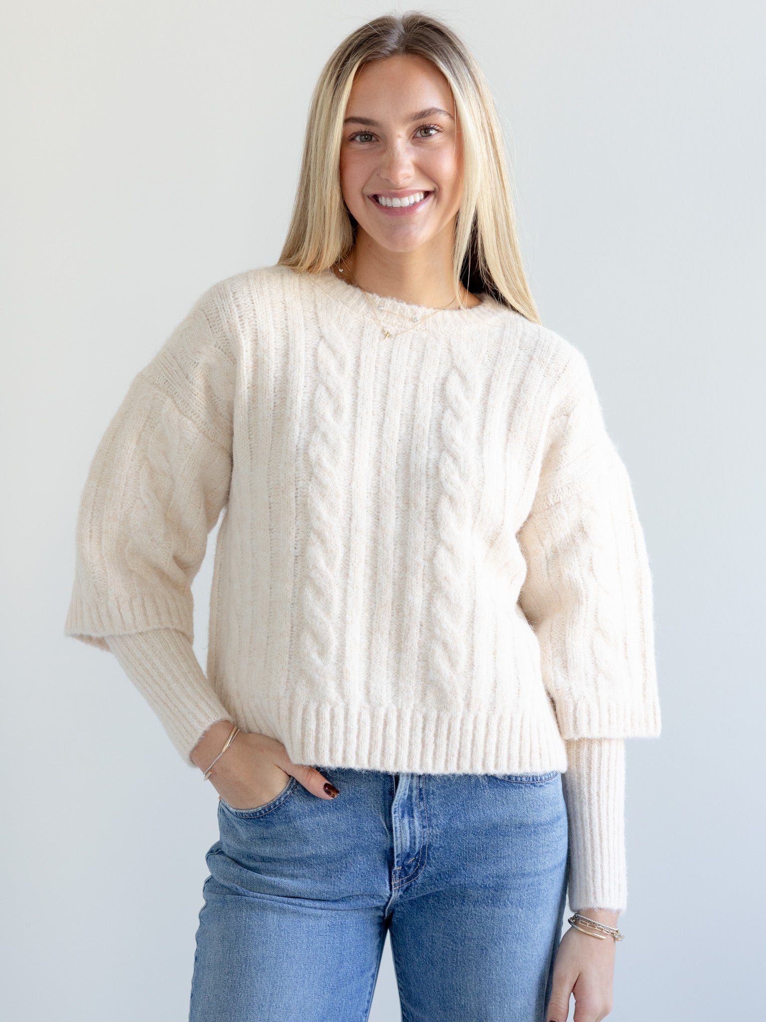 Layered Look Cable Knit Short Sleeve Sweater