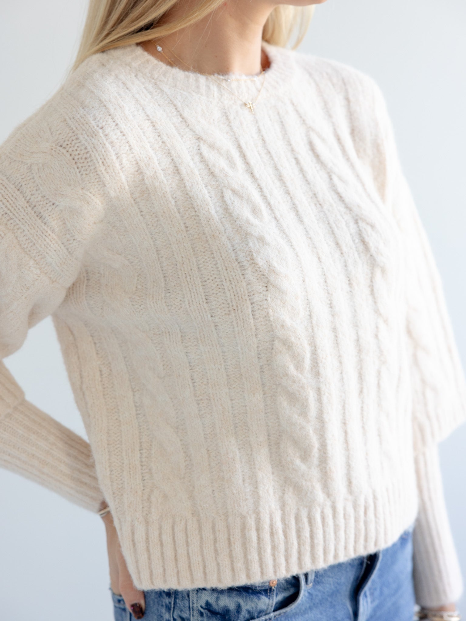 Layered Look Cable Knit Short Sleeve Sweater