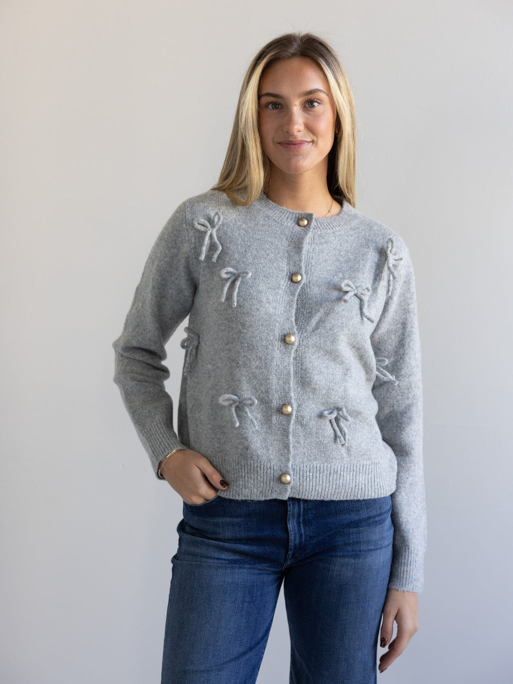 Grey Bow Detail Button-Down Knit Cardigan