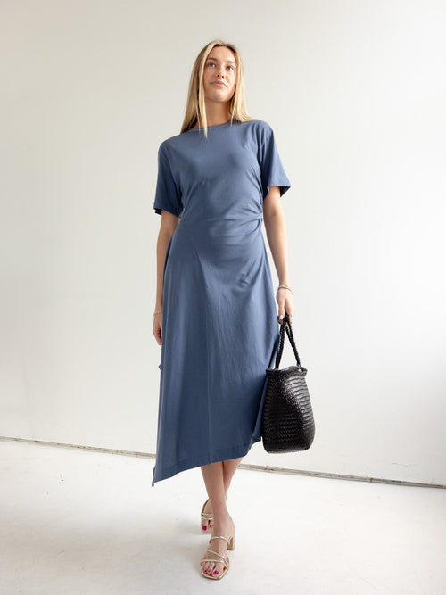 Asymmetric Full Skirt Midi Dress with Side Ruching