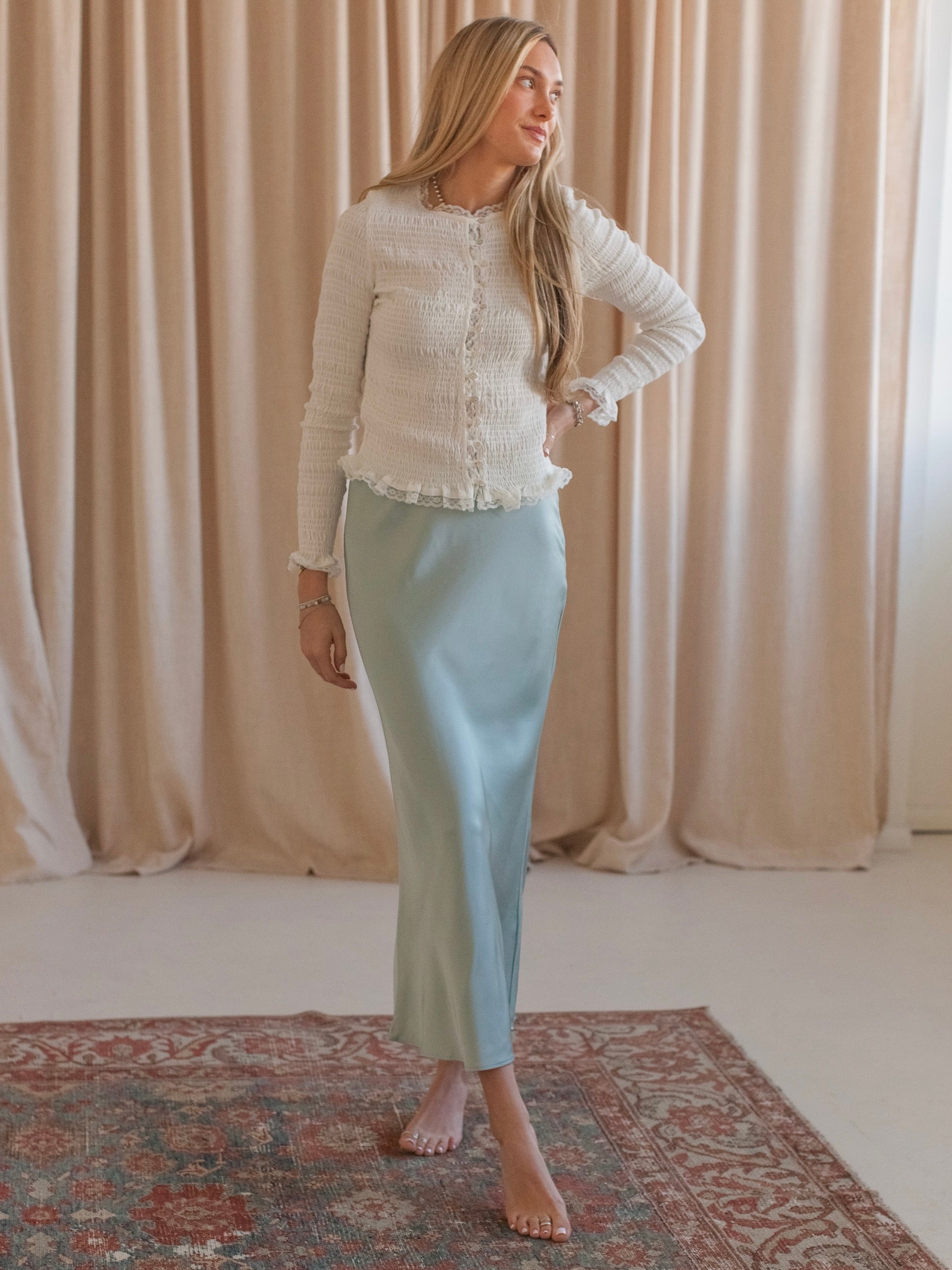 Sky Blue Satin Midi Slip Skirt with Side Zipper