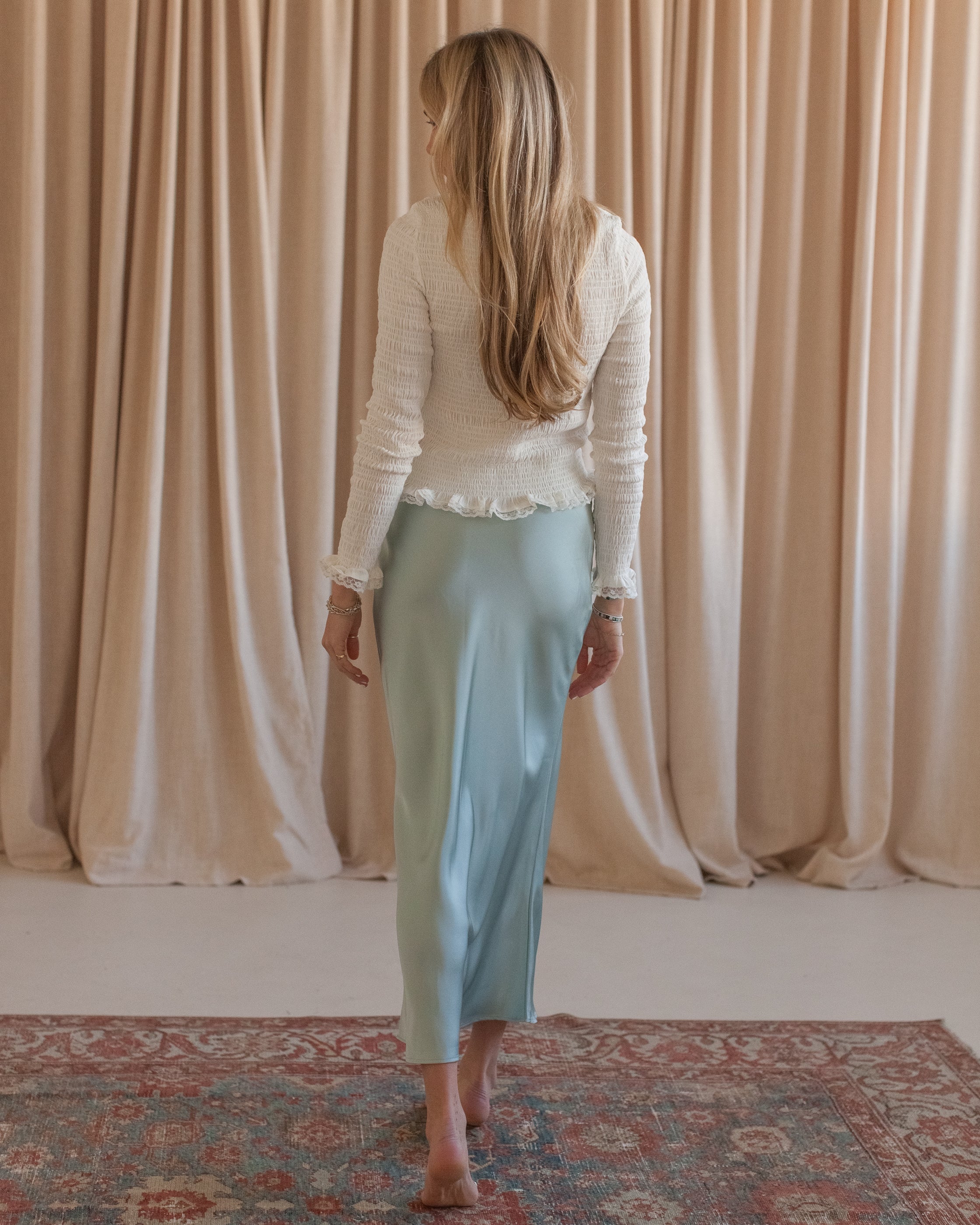 Sky Blue Satin Midi Slip Skirt with Side Zipper