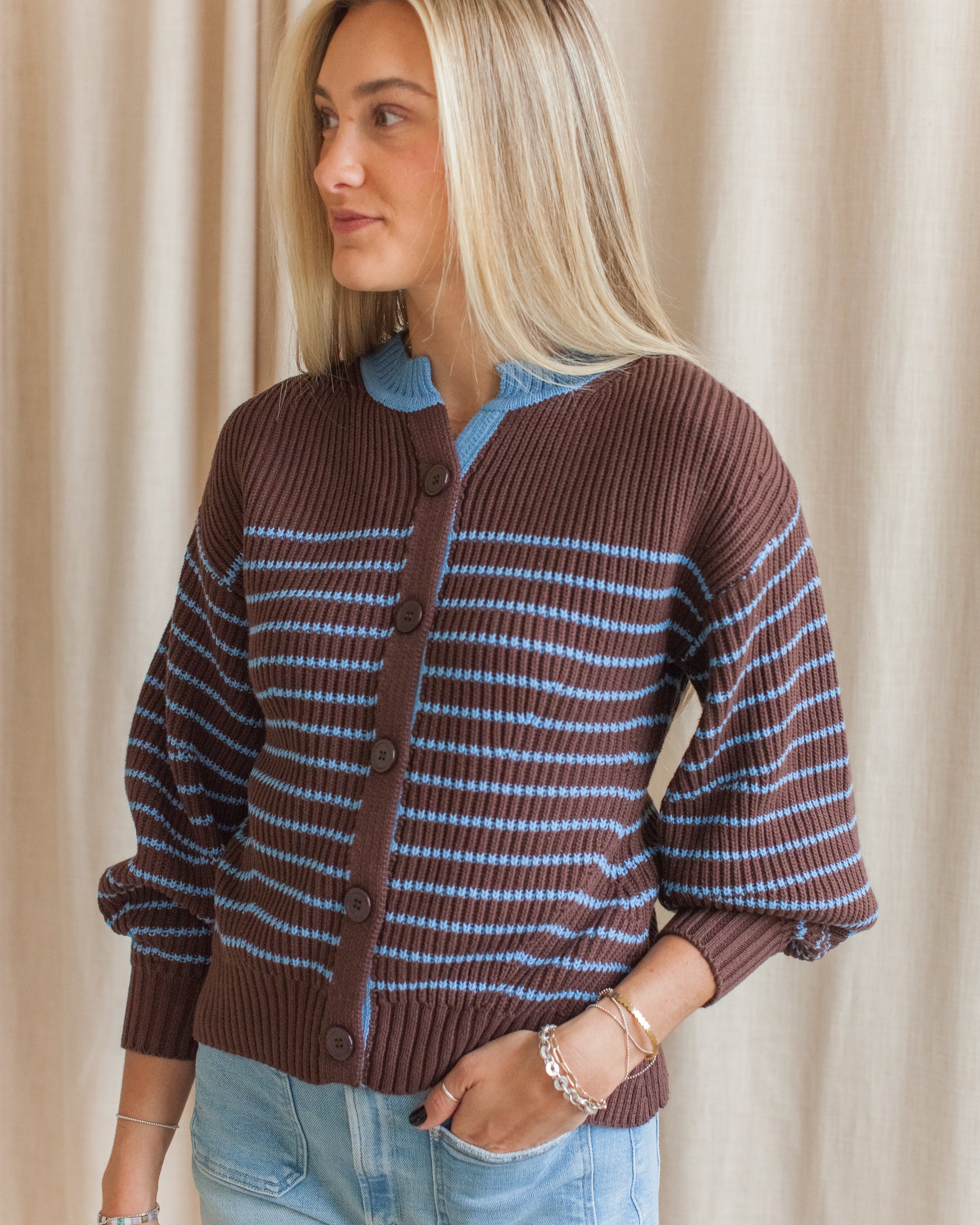 Blue Brown Stripe Cotton Cardigan