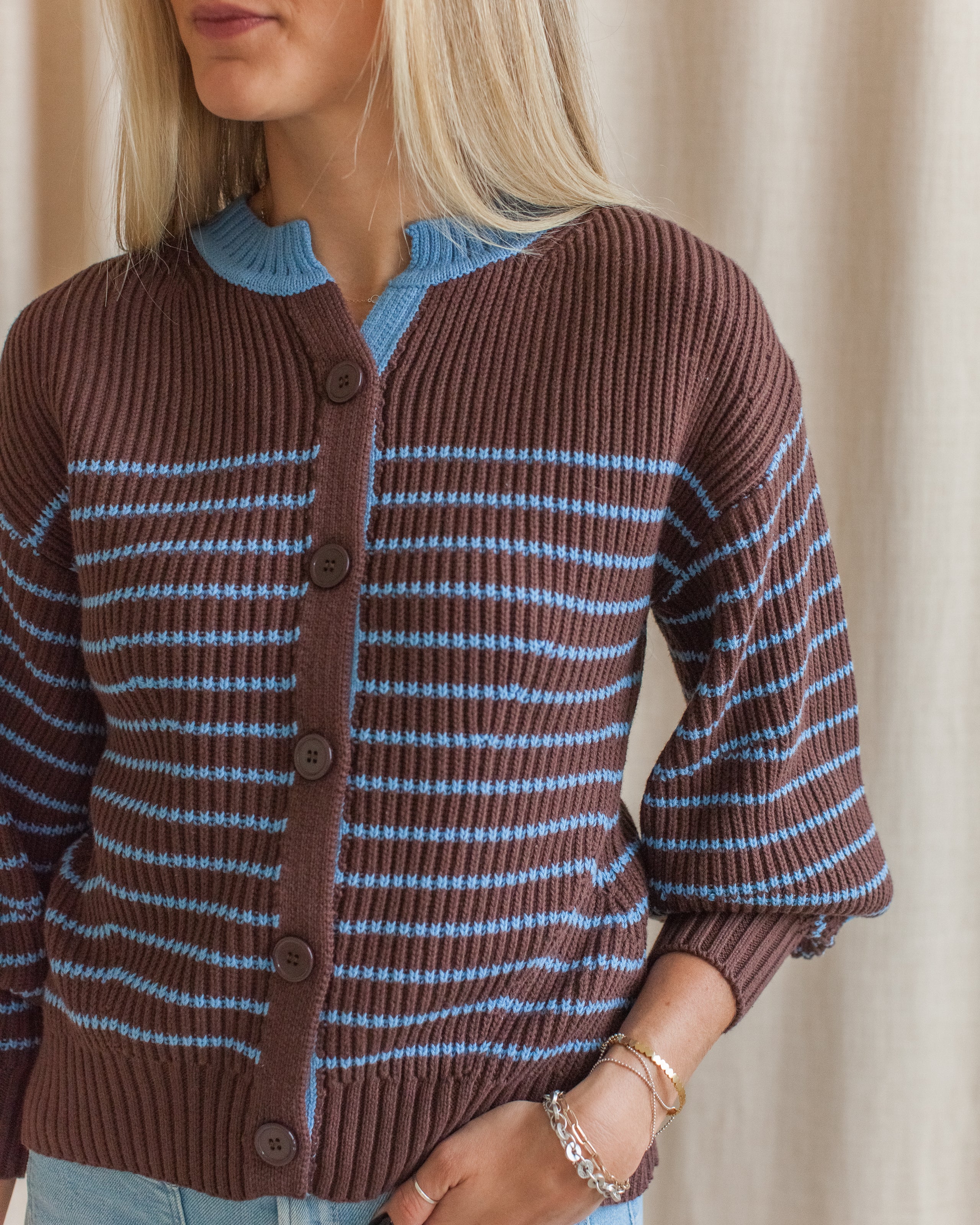 Blue Brown Stripe Cotton Cardigan