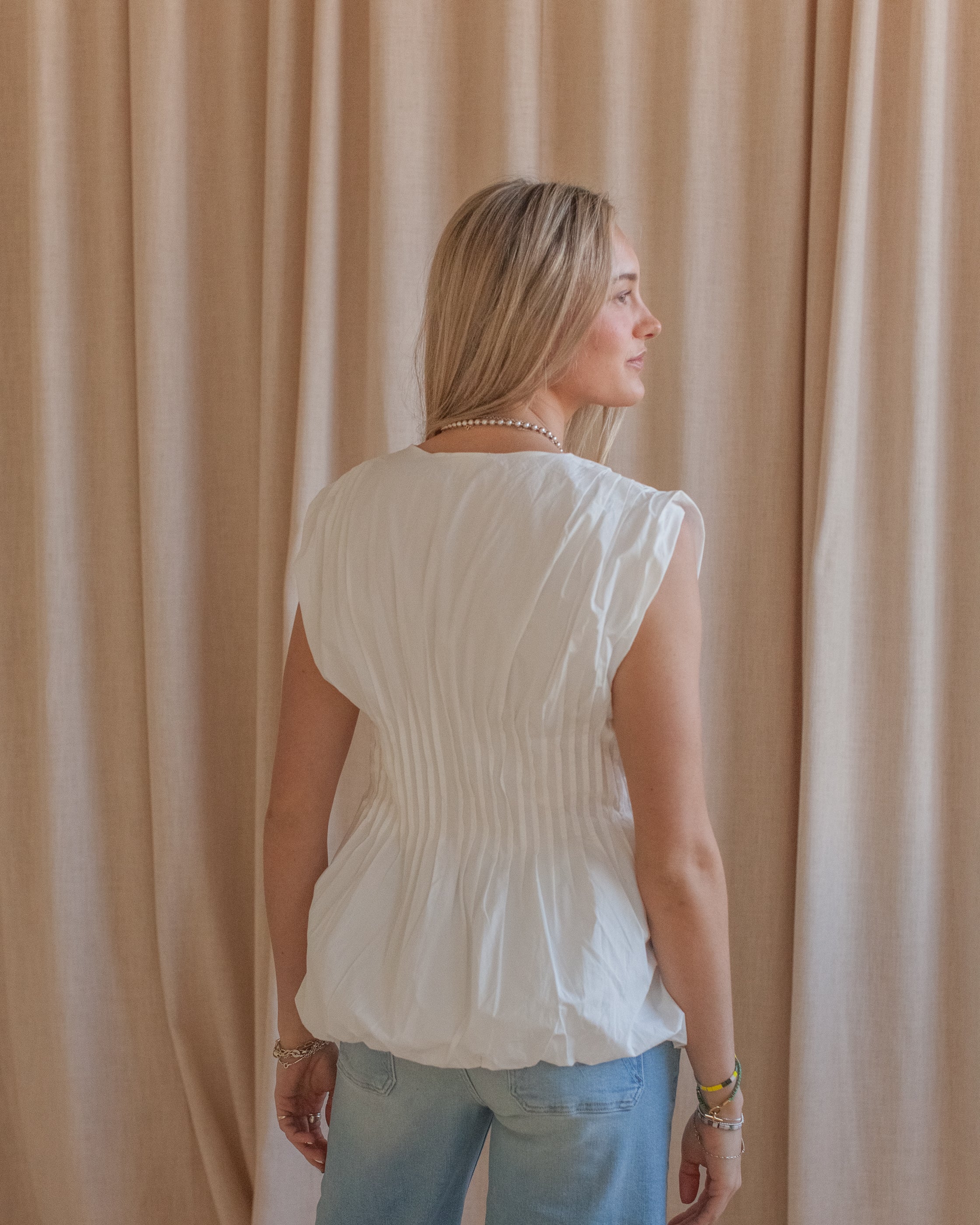 Cotton Cap Sleeve Deep V-Neck Blouse with Bubble Hem