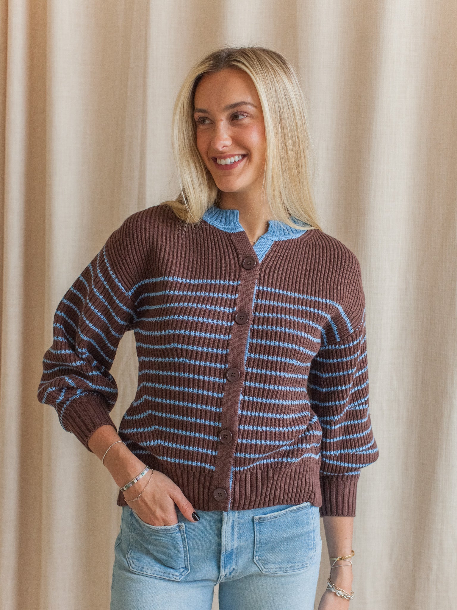 Blue Brown Stripe Cotton Cardigan