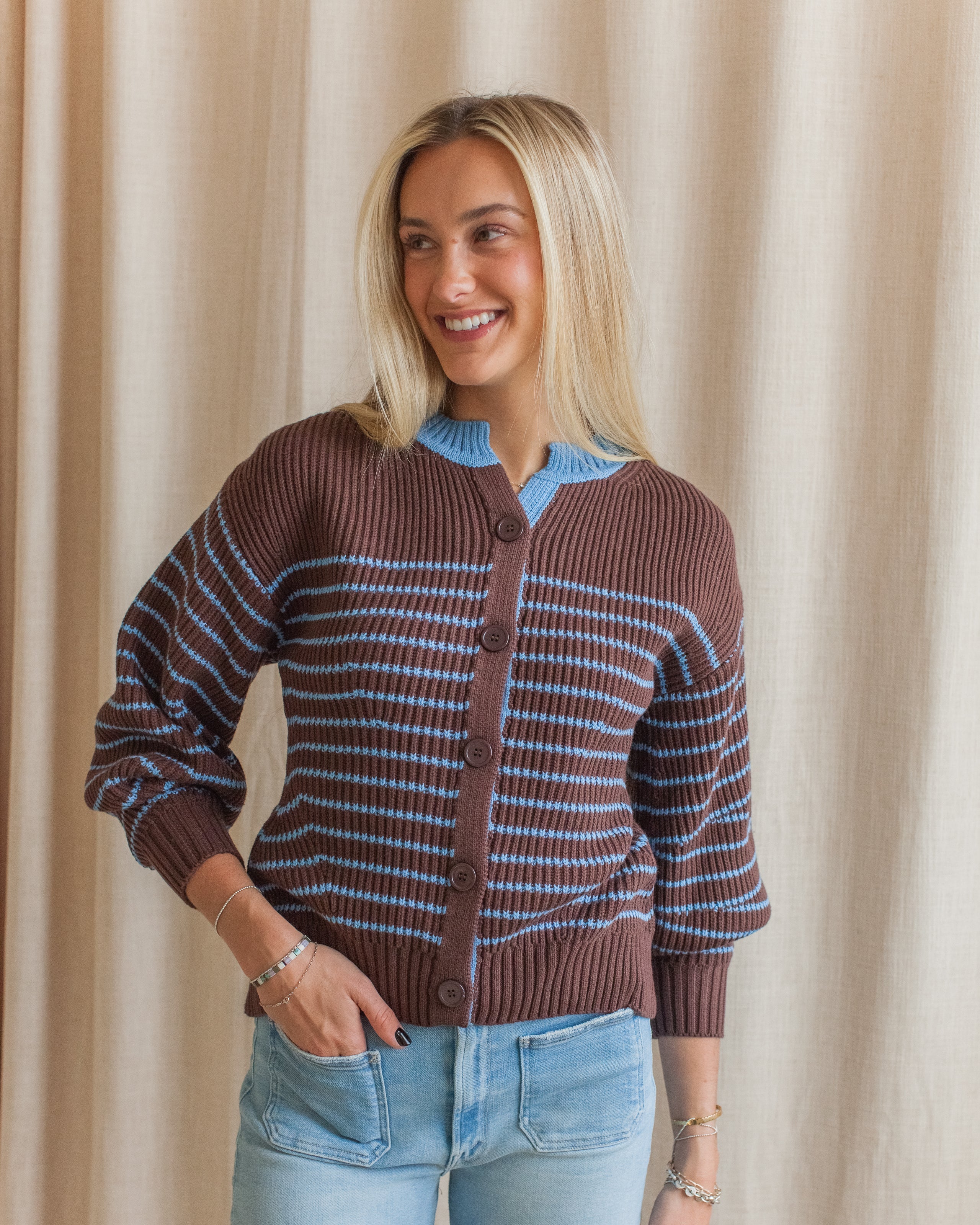 Blue Brown Stripe Cotton Cardigan