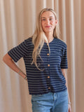 Navy Stripe Short Sleeve Knit Top with Gold Buttons