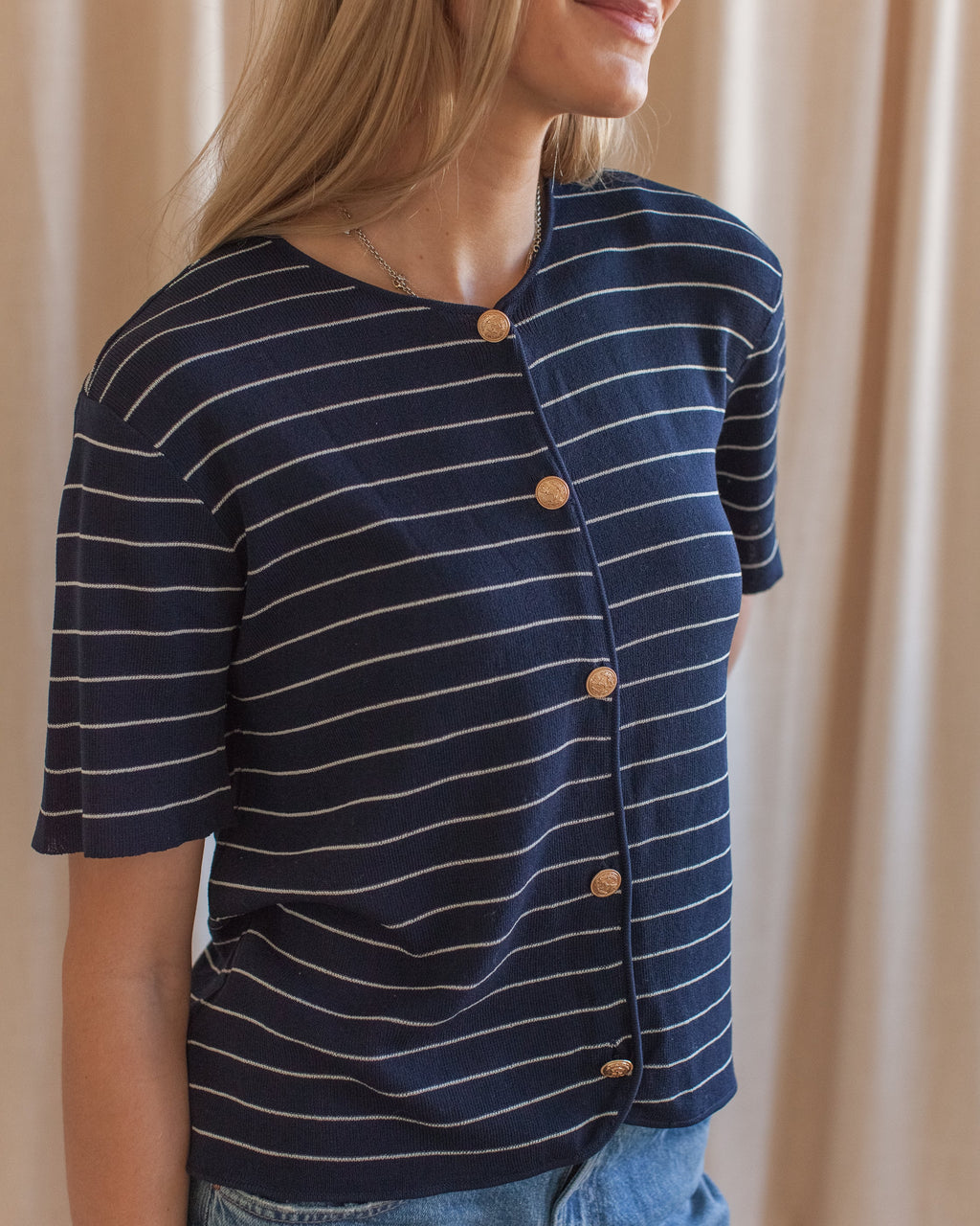Navy Stripe Short Sleeve Knit Top with Gold Buttons