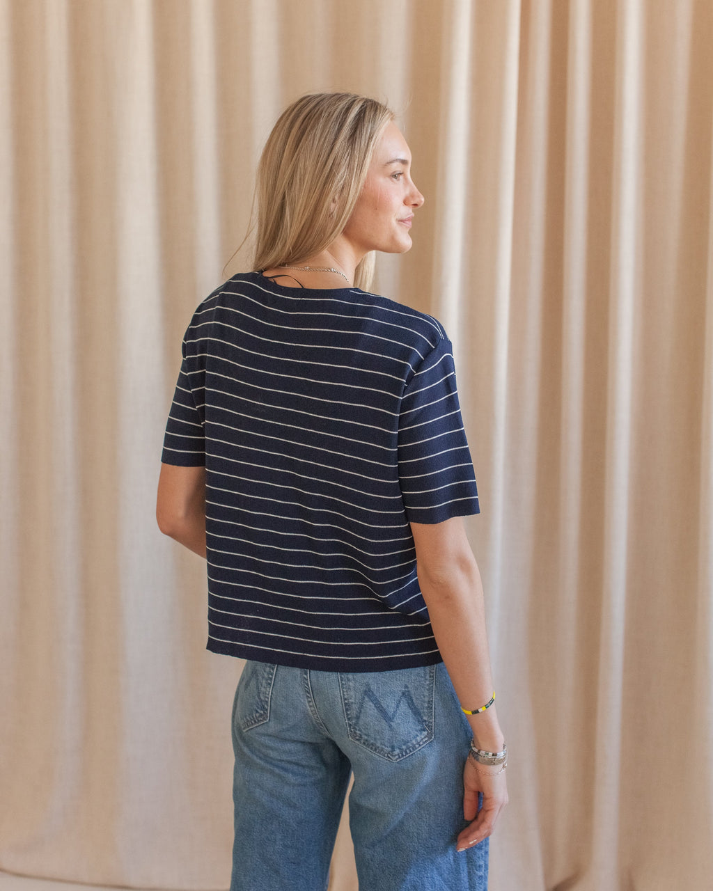 Navy Stripe Short Sleeve Knit Top with Gold Buttons
