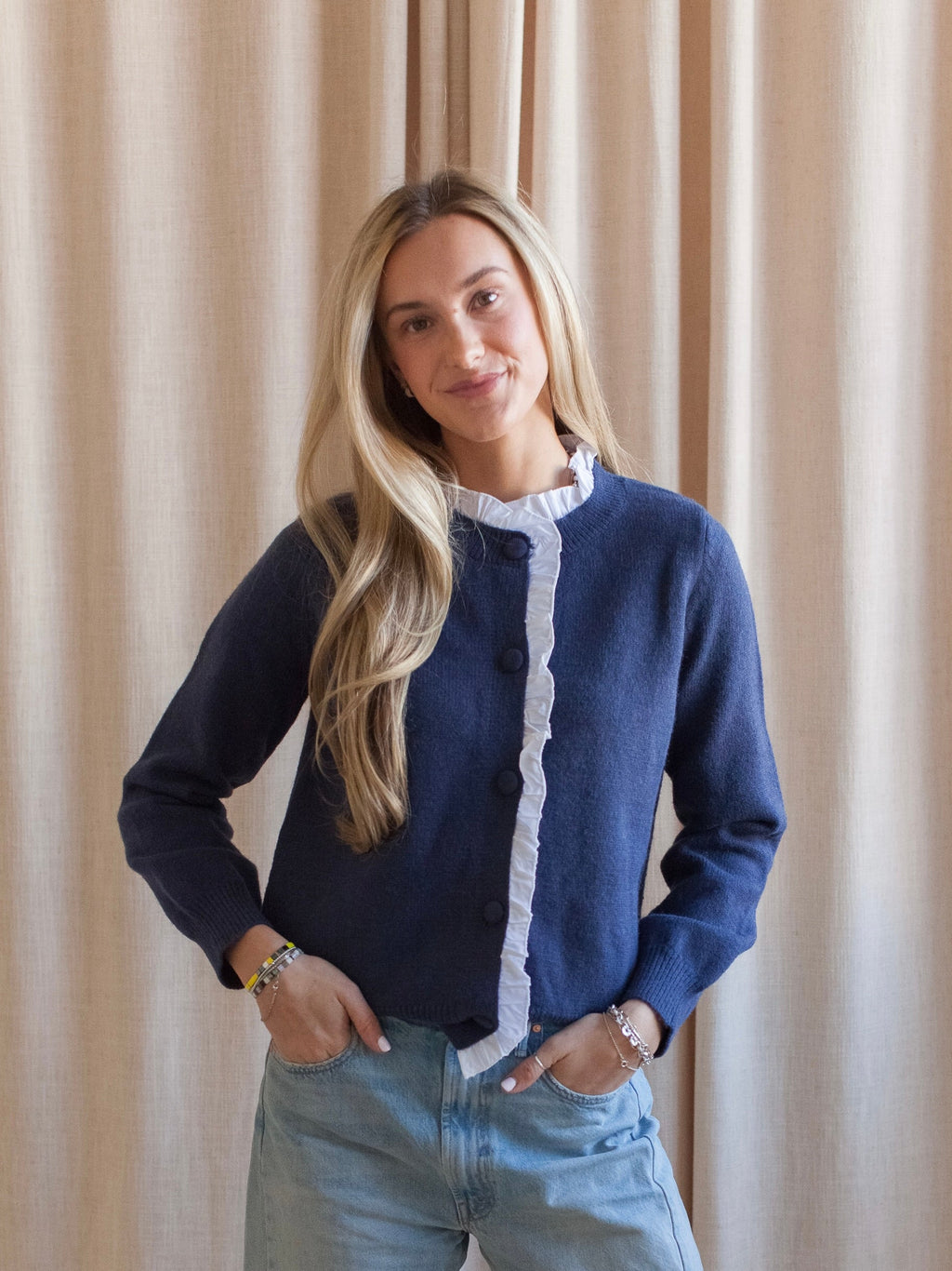 Navy Ruffle Trim Button-Front Knit Cardigan