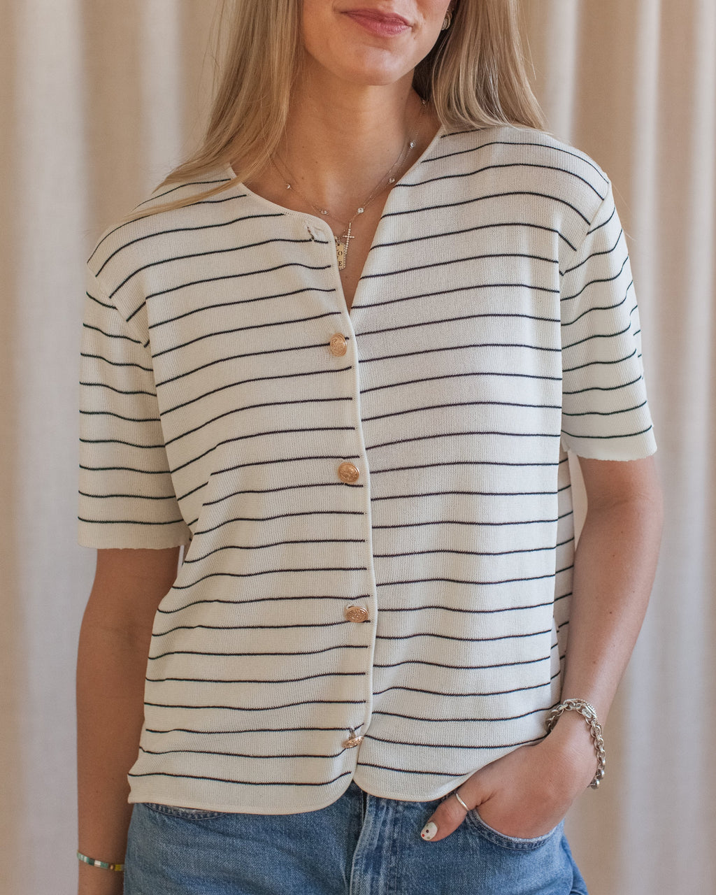 Ivory Stripe Short Sleeve Knit Top with Gold Buttons