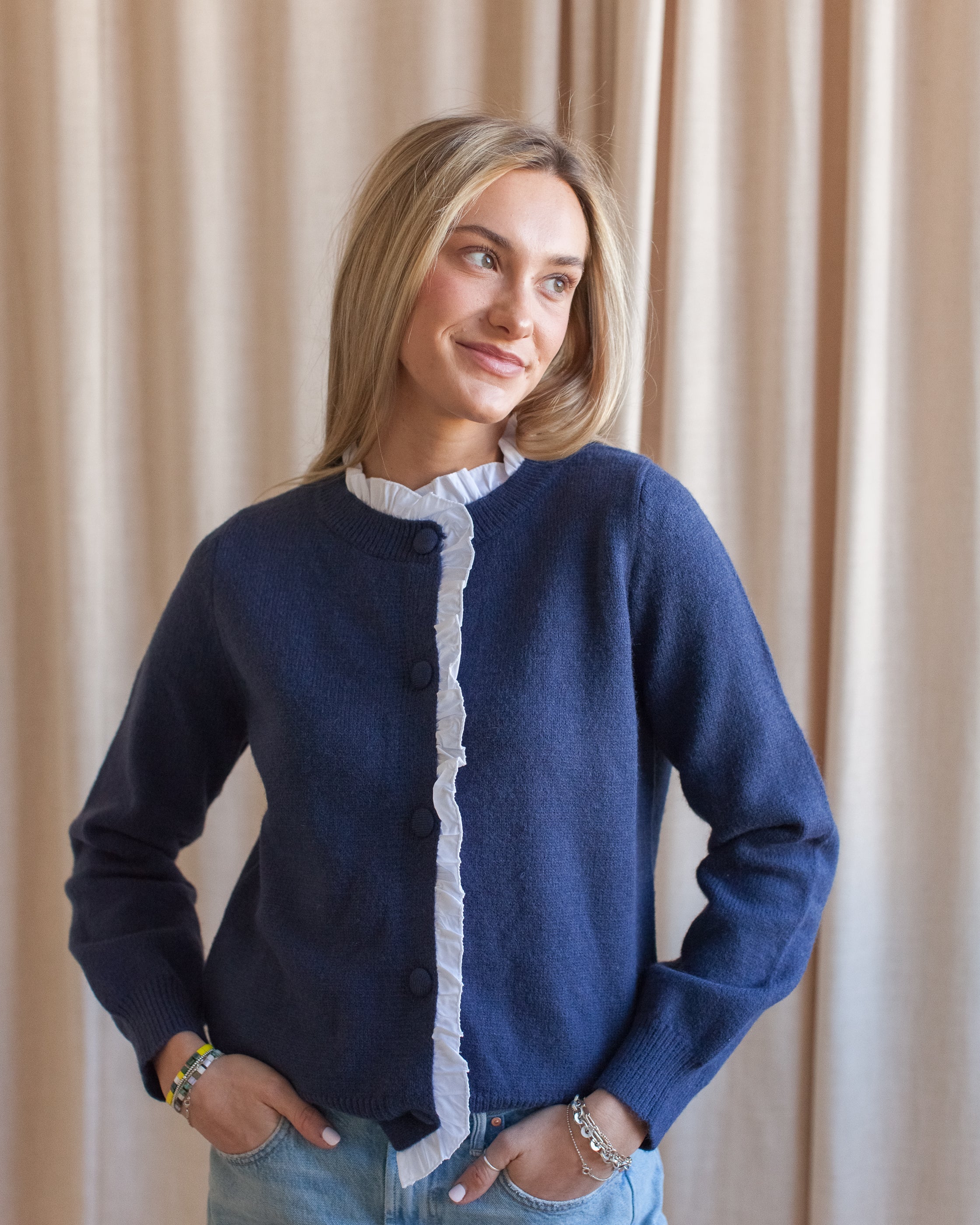 Navy Ruffle Trim Button-Front Knit Cardigan