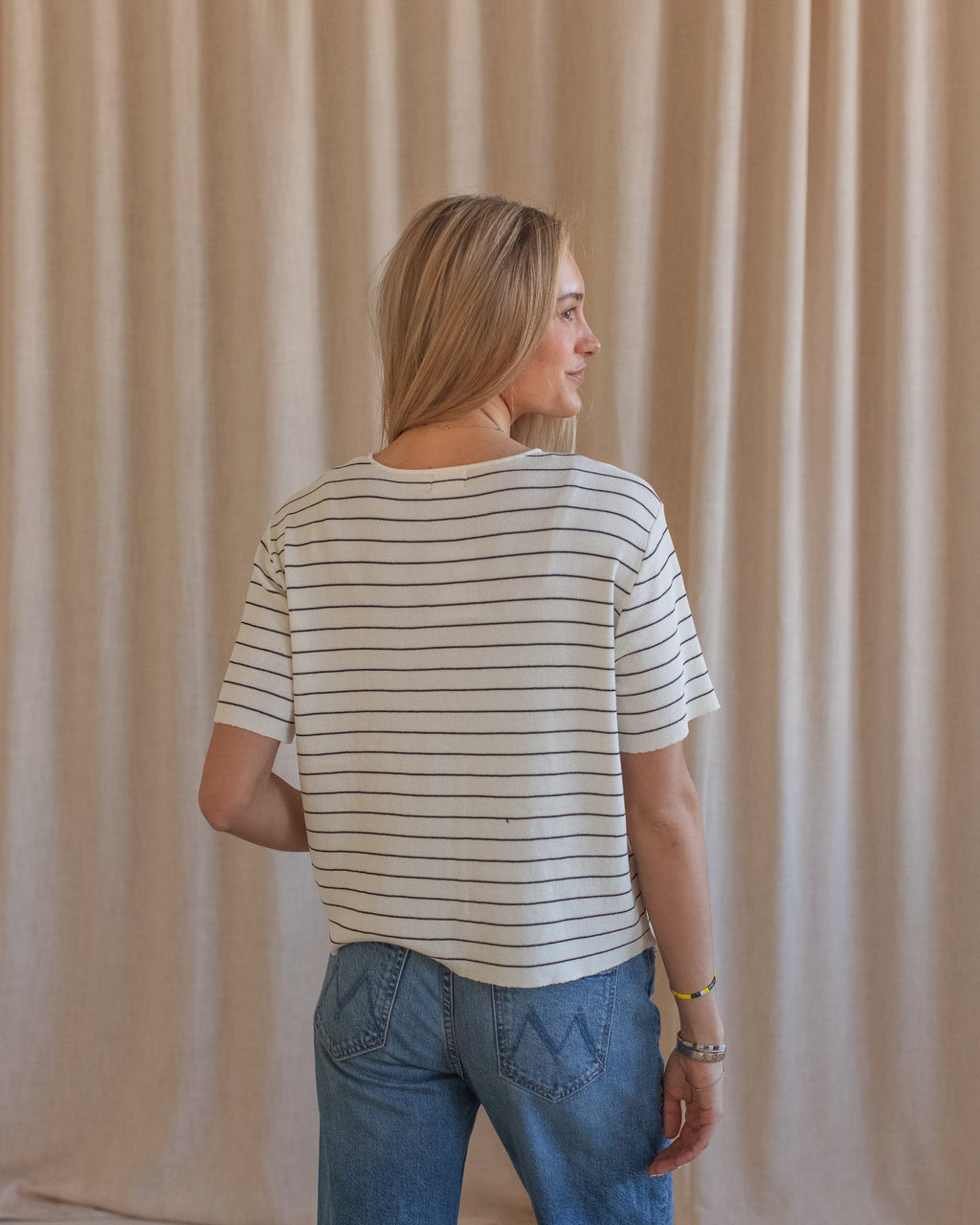 Ivory Stripe Short Sleeve Knit Top with Gold Buttons