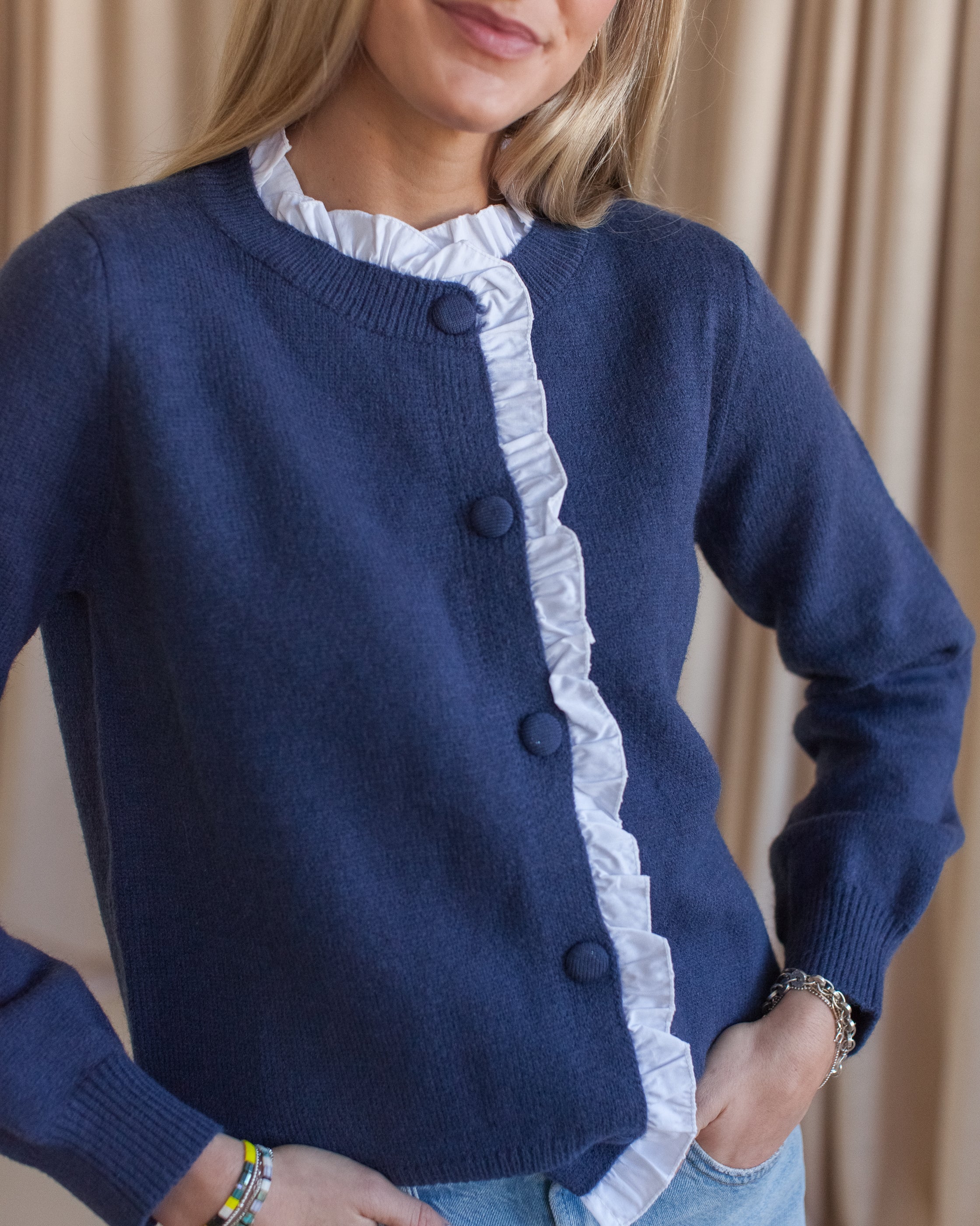 Navy Ruffle Trim Button-Front Knit Cardigan