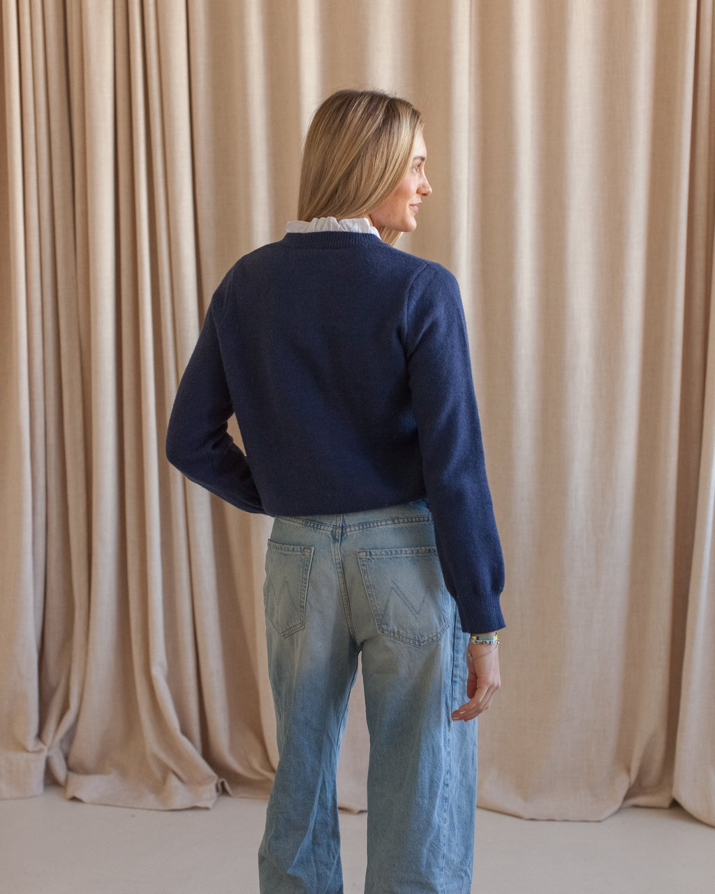 Navy Ruffle Trim Button-Front Knit Cardigan