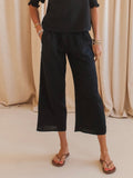 Black Elastic Waist Cropped Wide-Leg Pants