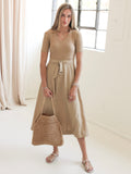 V-Neck Belted Midi Dress with Ribbed Bodice