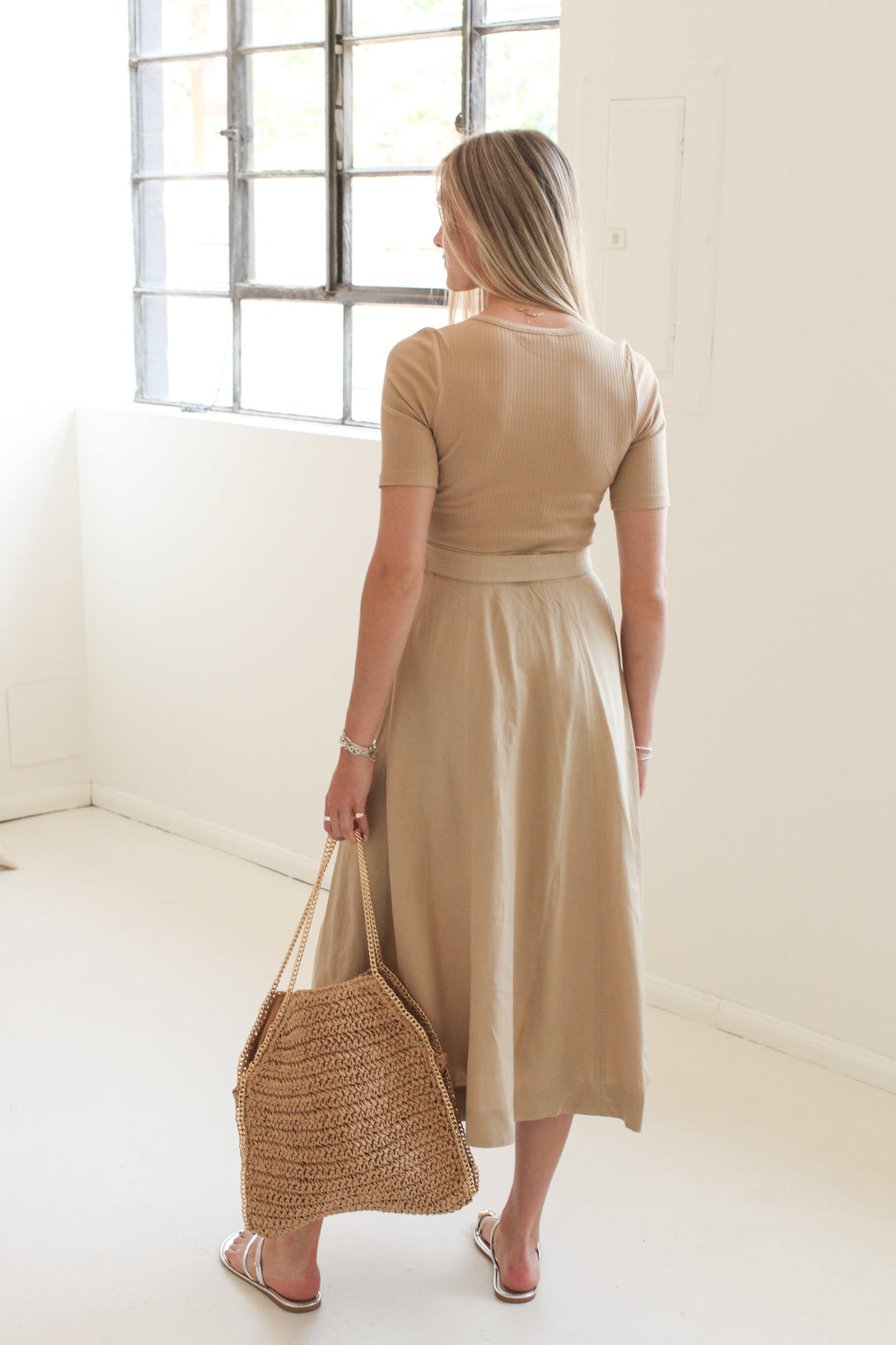 V-Neck Belted Midi Dress with Ribbed Bodice