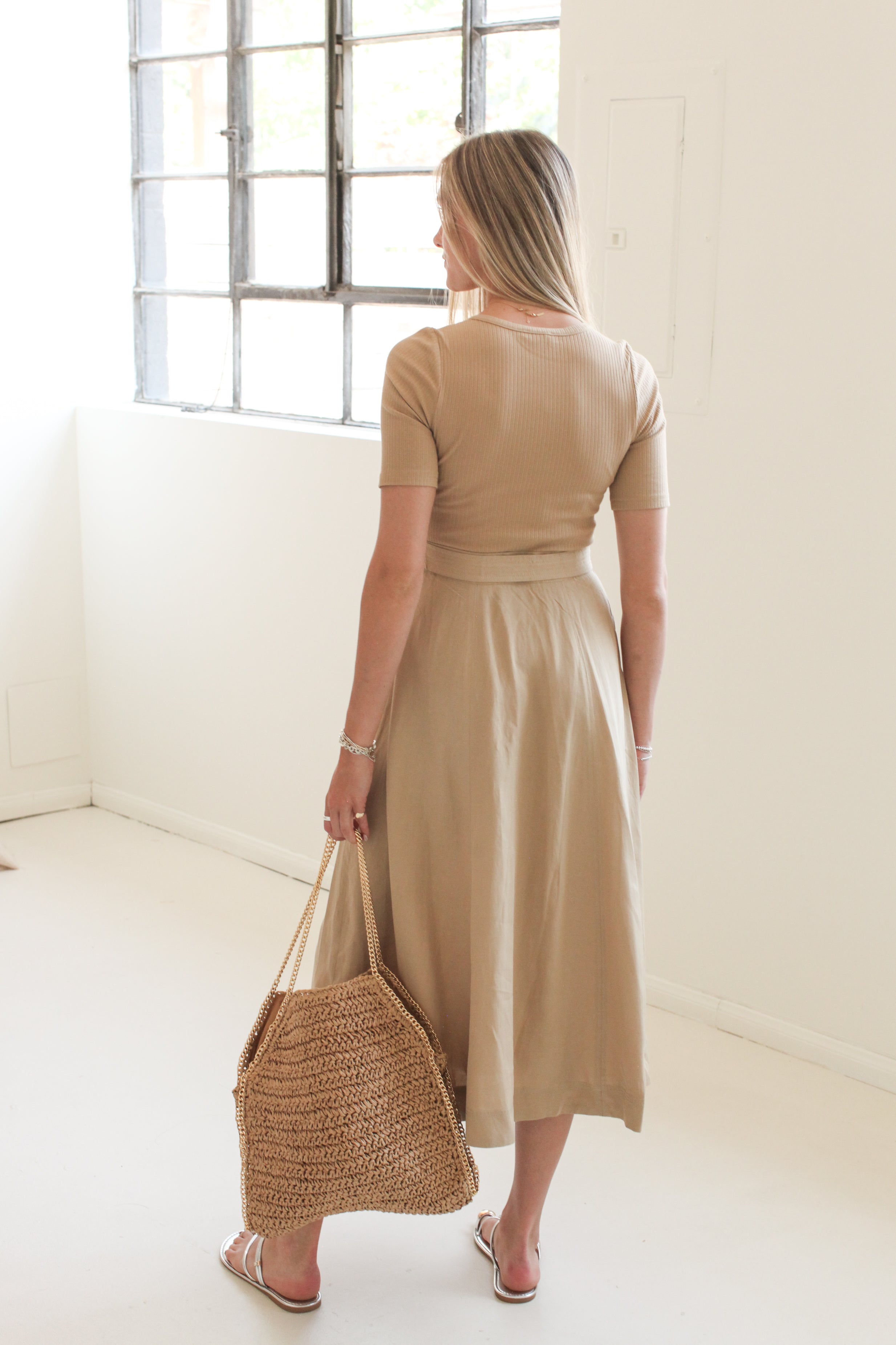 V-Neck Belted Midi Dress with Ribbed Bodice