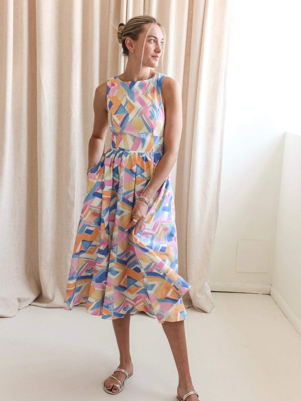 Abstract Print Open Back Midi Dress