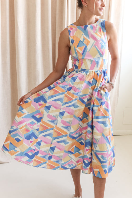 Abstract Print Open Back Midi Dress