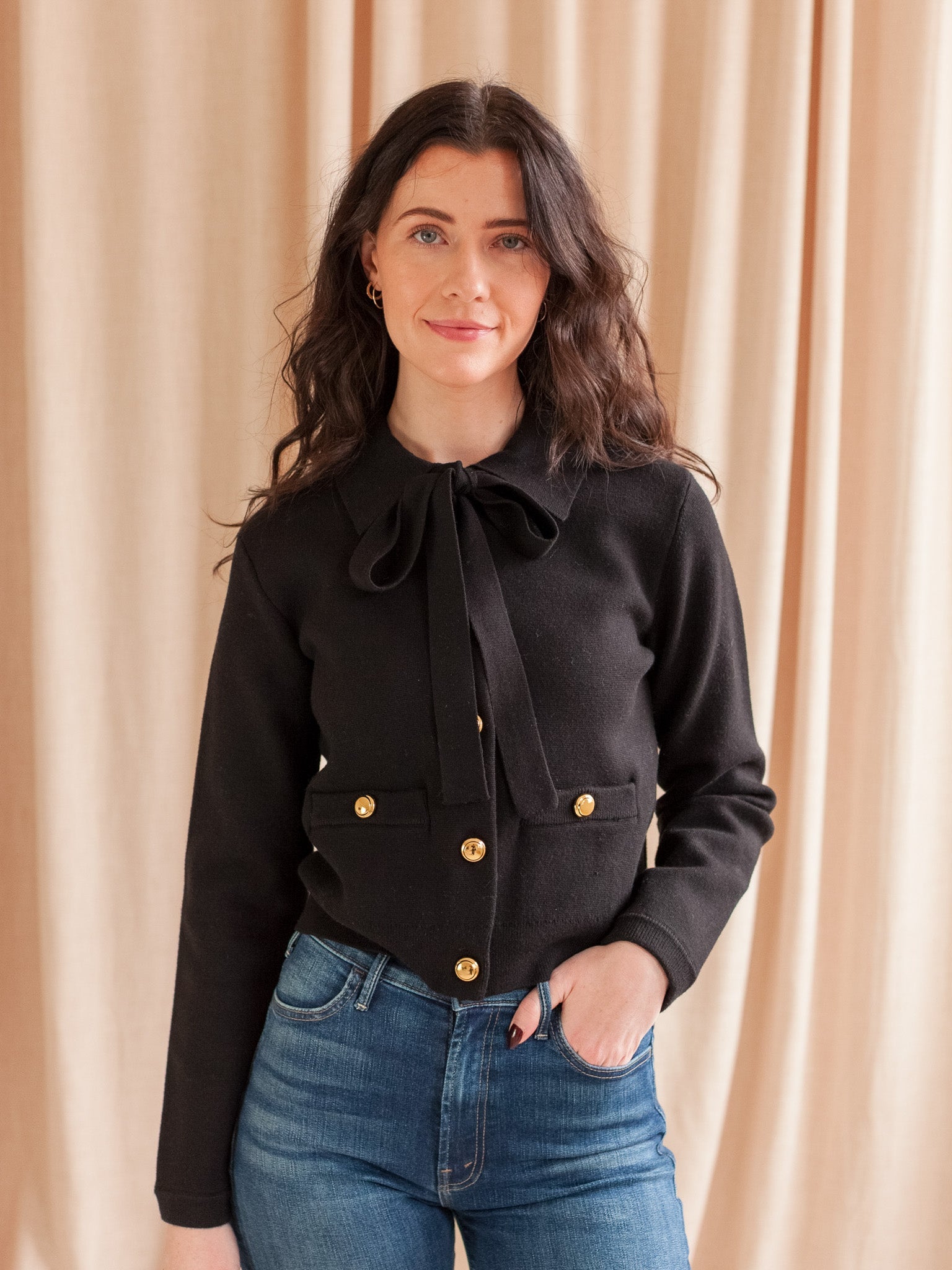 Cropped Bow Tie Cardigan with Gold Buttons