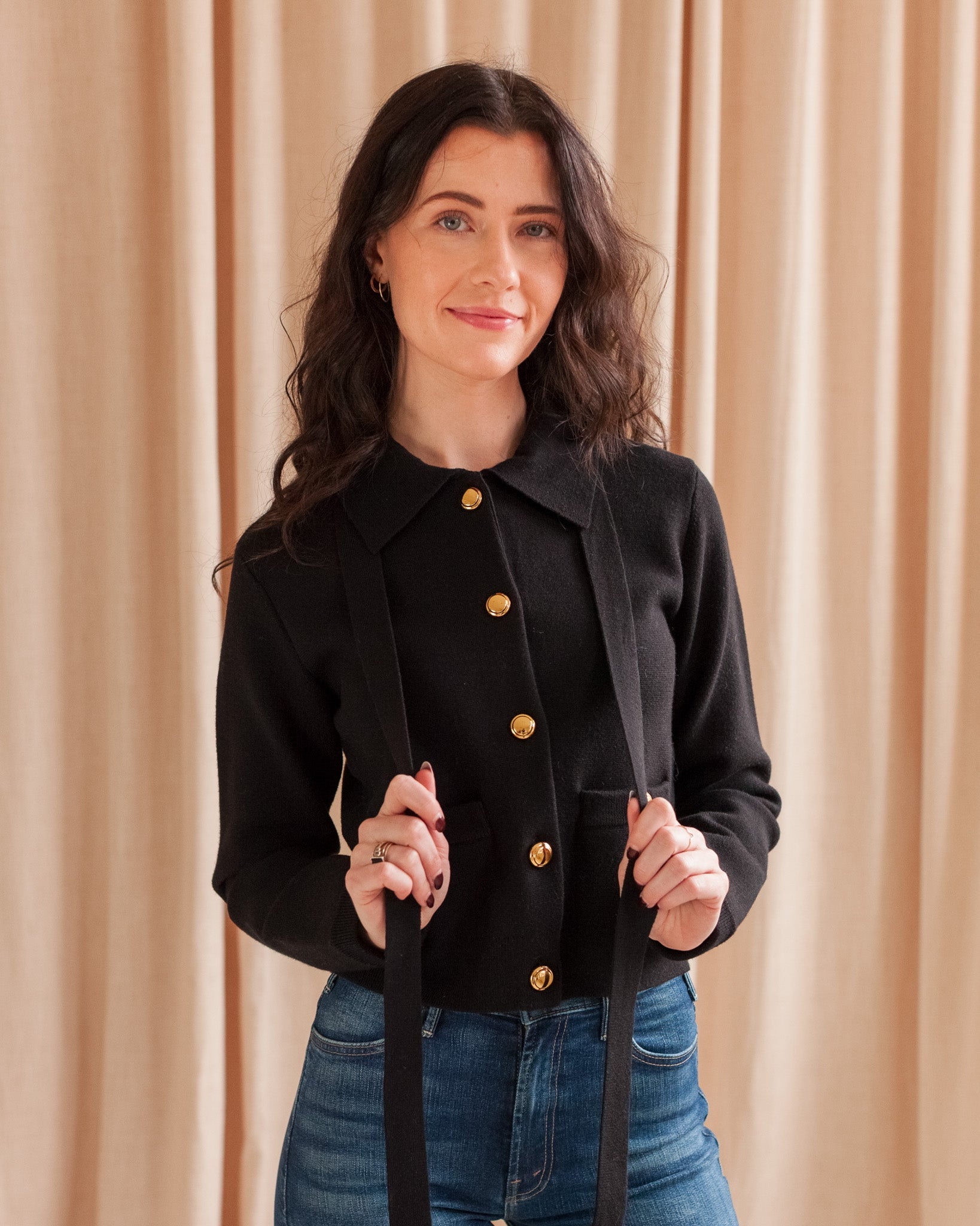 Cropped Bow Tie Cardigan with Gold Buttons