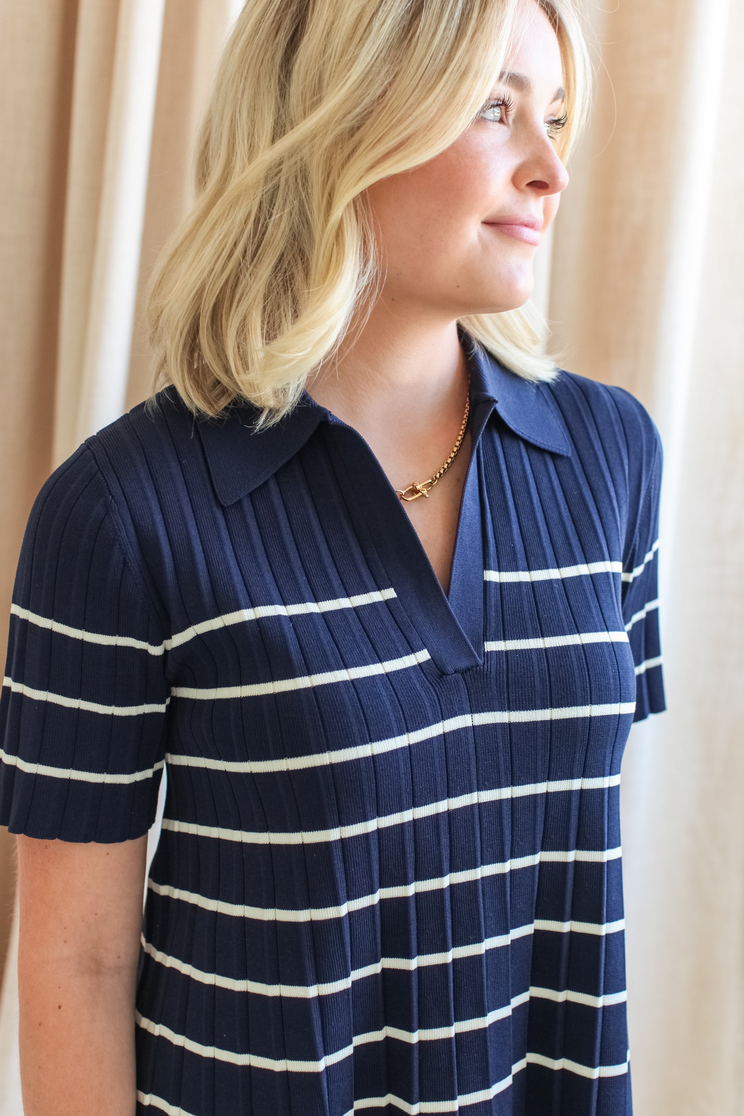Navy Stripe Knit Mini Dress with Collar