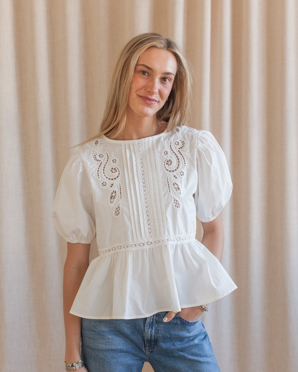 Cotton Peplum Blouse with Embroidery and Puff Sleeves