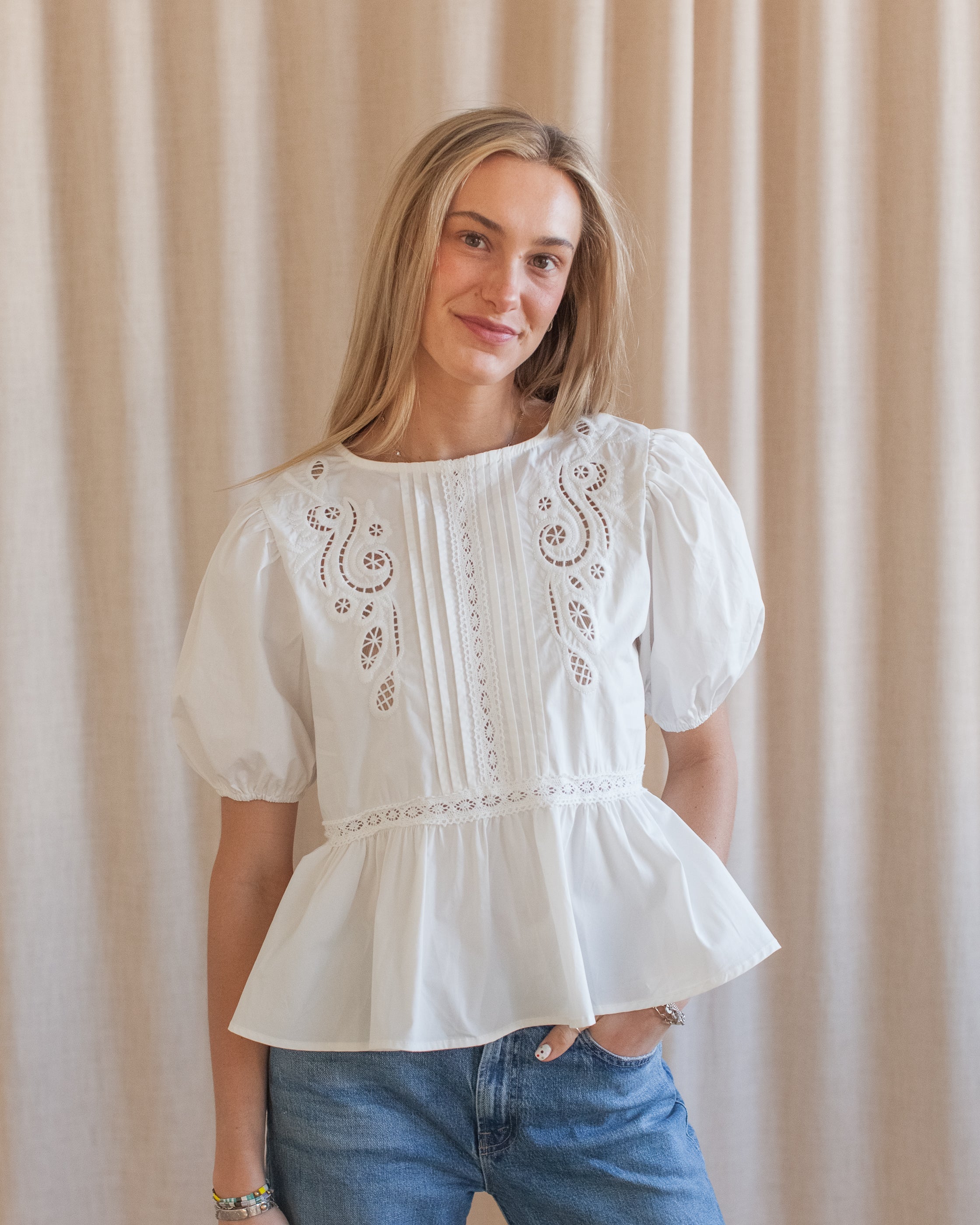 Cotton Peplum Blouse with Embroidery and Puff Sleeves